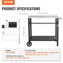 VEVOR Carrito de Comedor para Barbacoa al Aire Libre con Estante Doble, Mesa Móvil de Preparación de Alimentos para Barbacoa, Tapa de Hierro Plegable Multifuncional, Carros para Exteriores, 85x55 cm