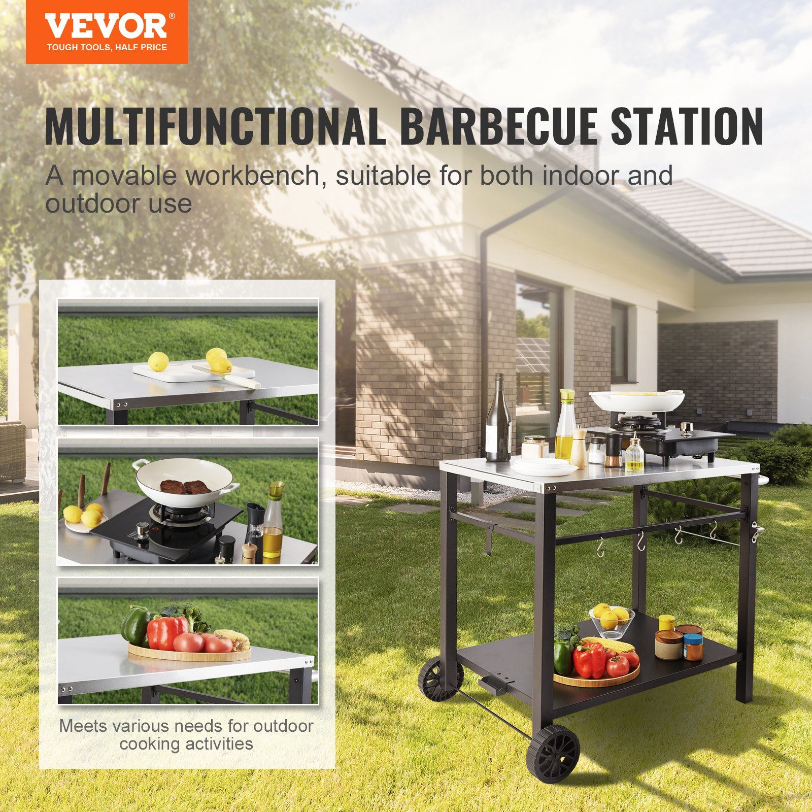 VEVOR Carrito de Comedor para Barbacoa al Aire Libre con Estante Doble, Mesa Móvil de Preparación de Alimentos para Barbacoa, Tapa de Hierro Plegable Multifuncional, Carros para Exteriores, 85x55 cm
