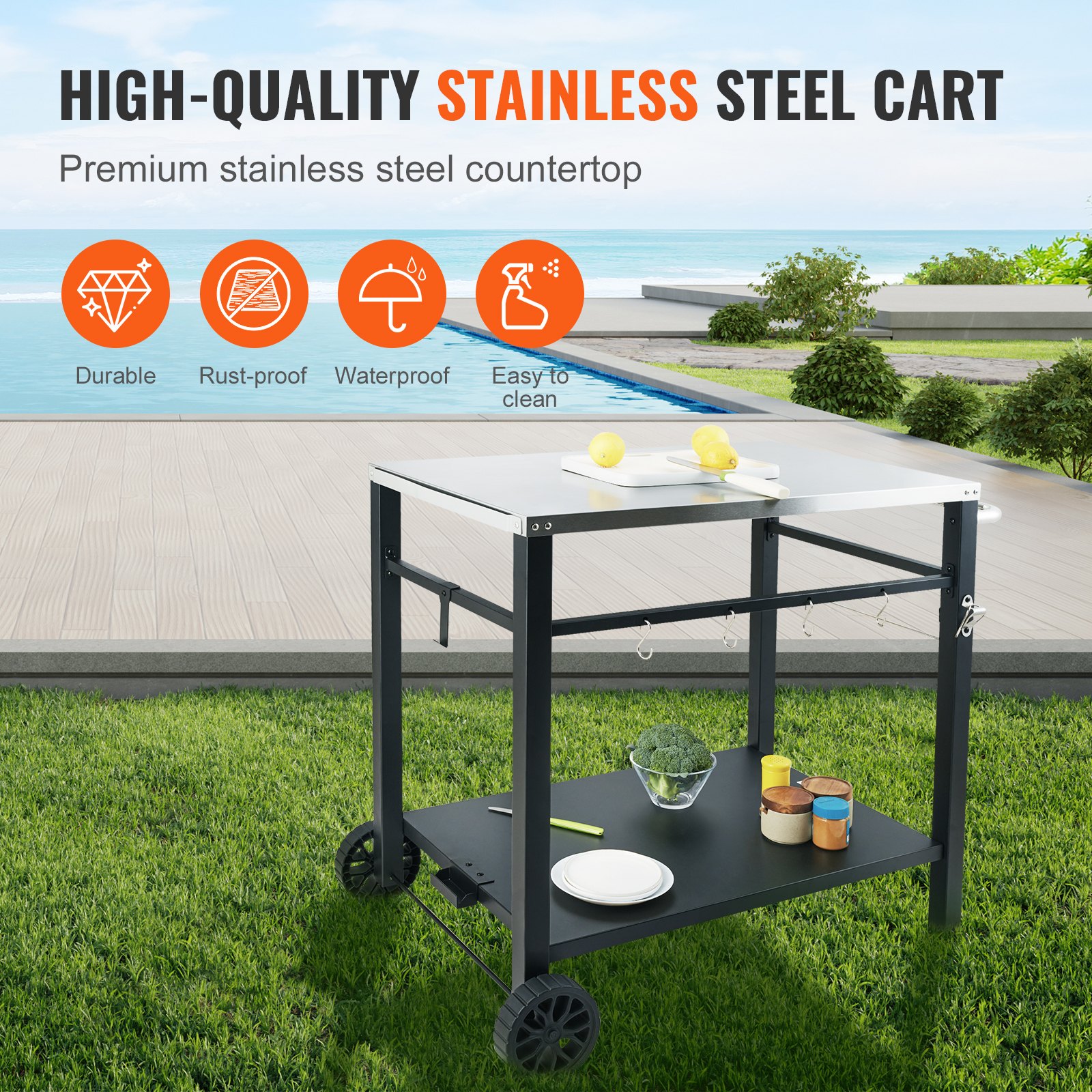 VEVOR Carrito de Comedor para Barbacoa al Aire Libre con Estante Doble, Mesa Móvil de Preparación de Alimentos para Barbacoa, Tapa de Hierro Plegable Multifuncional, Carros para Exteriores, 85x55 cm