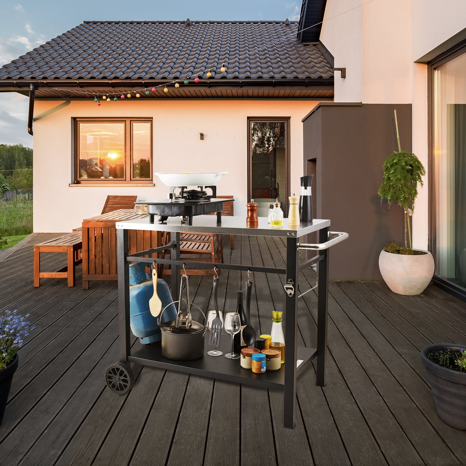 VEVOR Carrito de Comedor para Barbacoa al Aire Libre con Estante Doble, Mesa Móvil de Preparación de Alimentos para Barbacoa, Tapa de Hierro Plegable Multifuncional, Carros para Exteriores, 85x55 cm