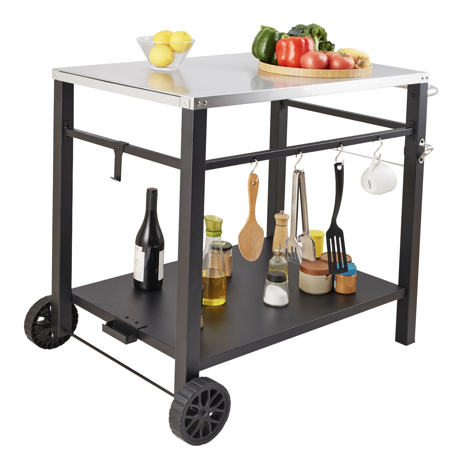 VEVOR Carrito de Comedor para Barbacoa al Aire Libre con Estante Doble, Mesa Móvil de Preparación de Alimentos para Barbacoa, Tapa de Hierro Plegable Multifuncional, Carros para Exteriores, 85x55 cm