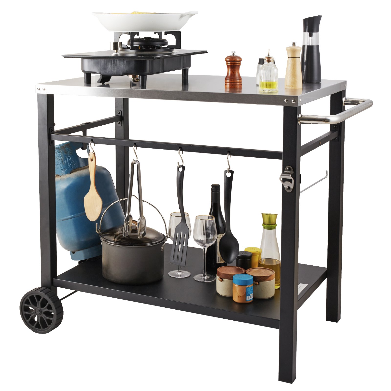 VEVOR Carrito de Comedor para Barbacoa al Aire Libre con Estante Doble, Mesa Móvil de Preparación de Alimentos para Barbacoa, Tapa de Hierro Plegable Multifuncional, Carros para Exteriores, 85x55 cm