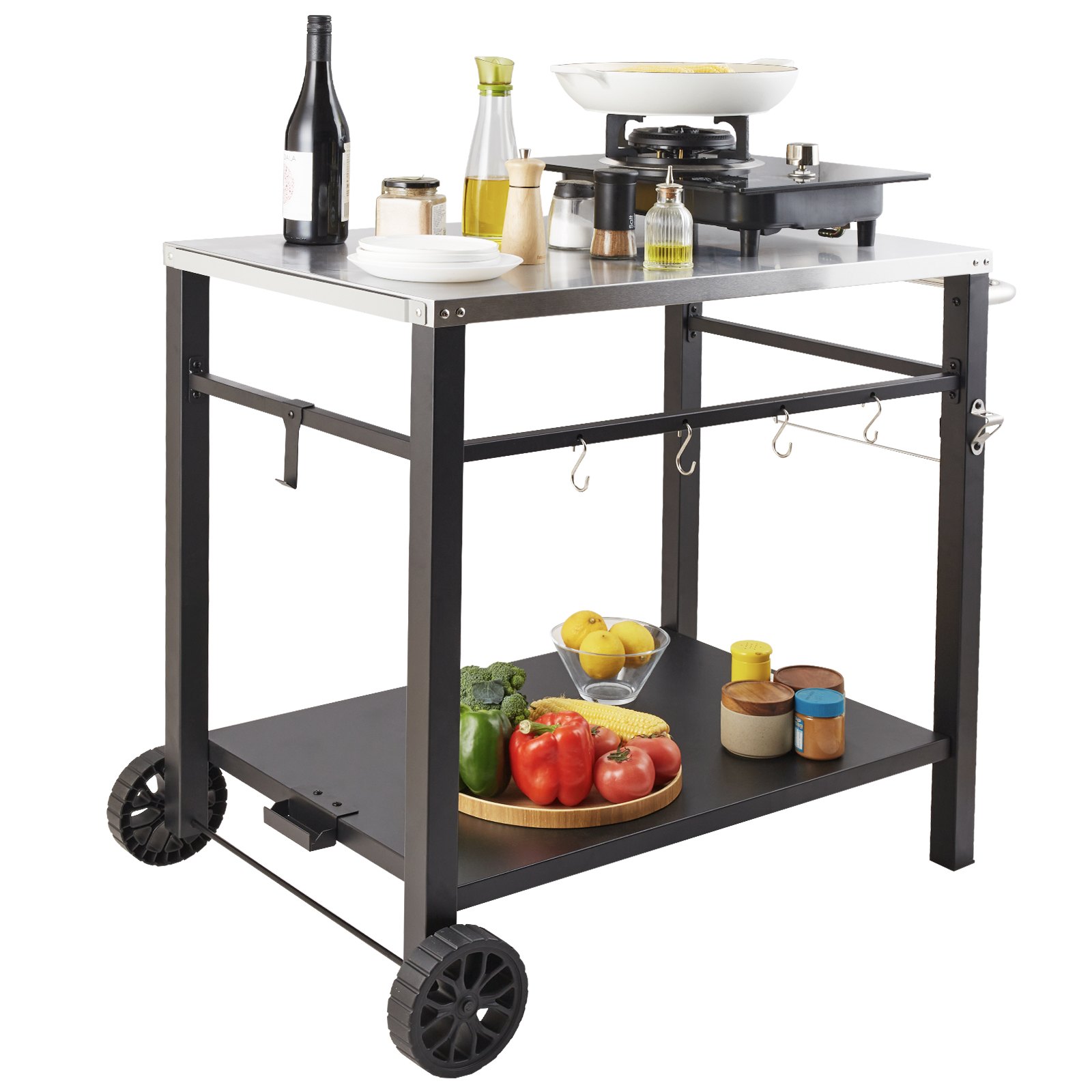 VEVOR Carrito de Comedor para Barbacoa al Aire Libre con Estante Doble, Mesa Móvil de Preparación de Alimentos para Barbacoa, Tapa de Hierro Plegable Multifuncional, Carros para Exteriores, 85x55 cm