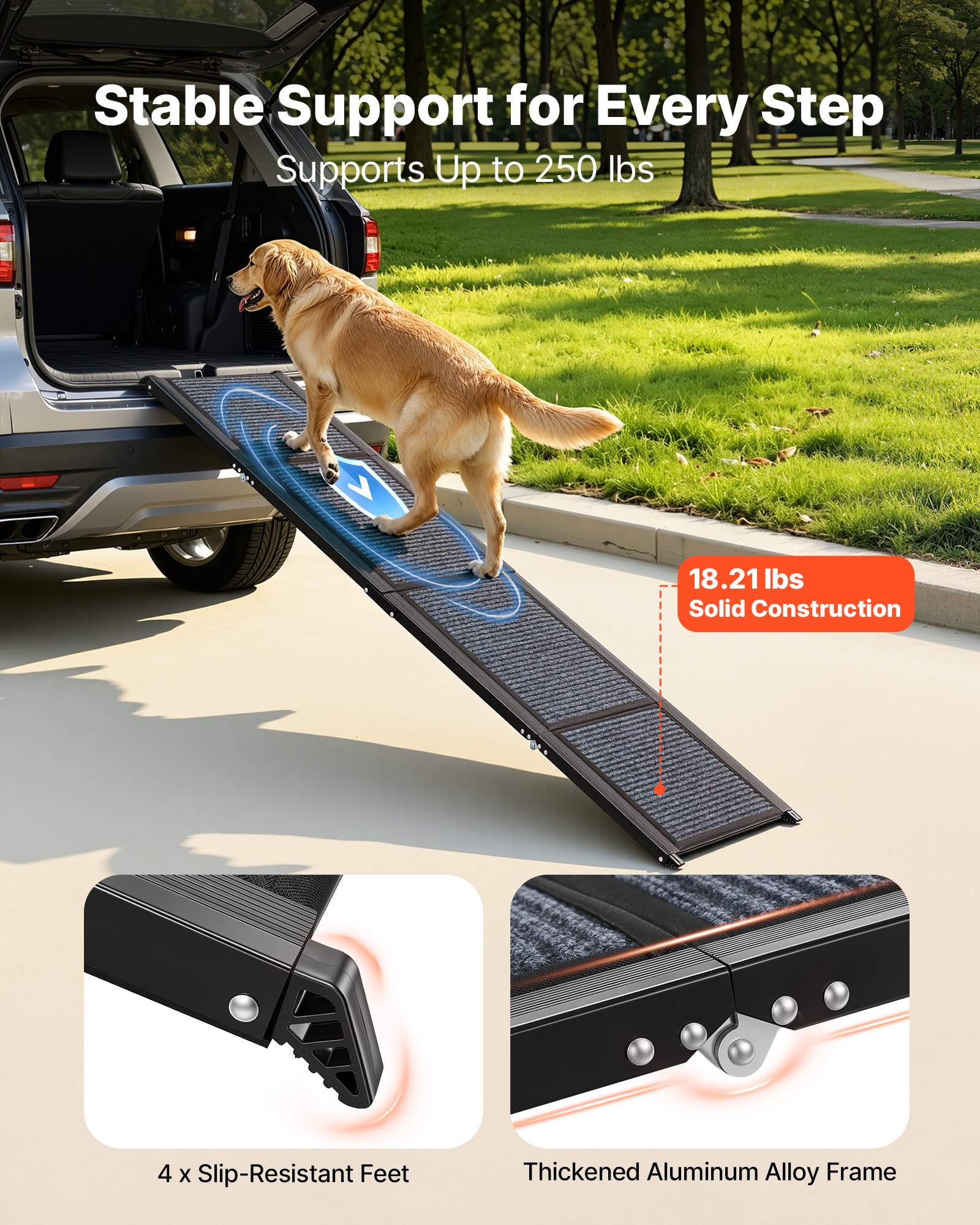 VEVOR Rampa Plegable para Perros para Coches, 180 x 43,2 cm, para Perros Medianos y Grandes de hasta 113 kg, con Superficie de Fieltro Antideslizante, Portátil para Exteriores, SUV y Camiones