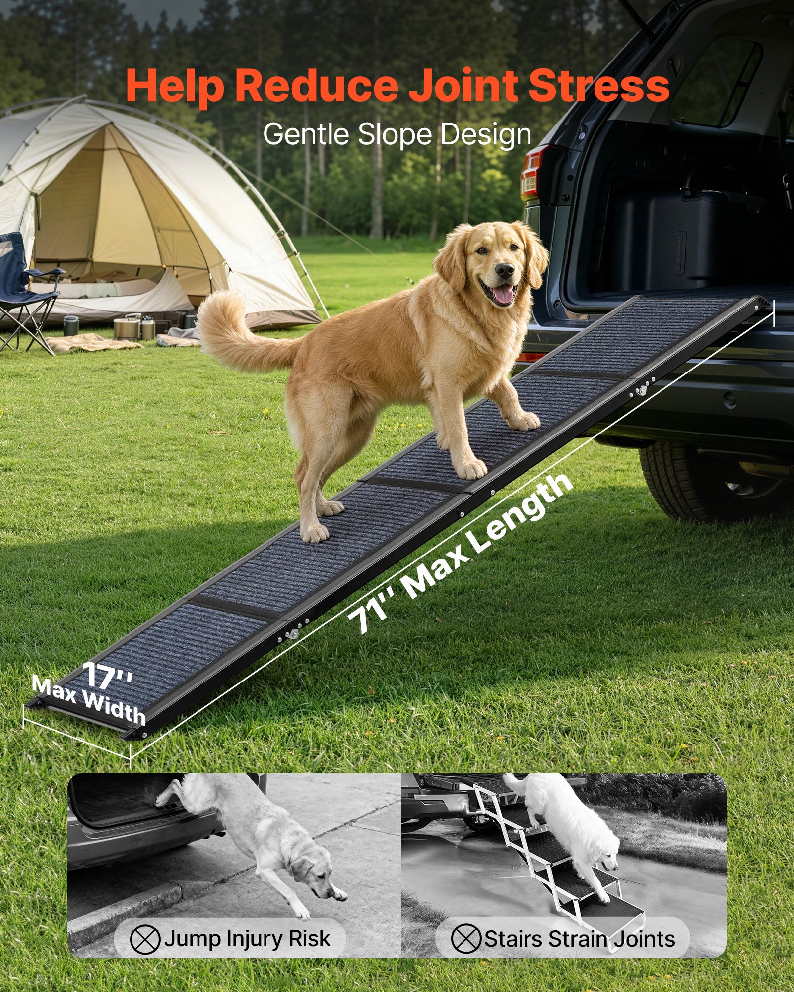 VEVOR Rampa Plegable para Perros para Coches, 180 x 43,2 cm, para Perros Medianos y Grandes de hasta 113 kg, con Superficie de Fieltro Antideslizante, Portátil para Exteriores, SUV y Camiones
