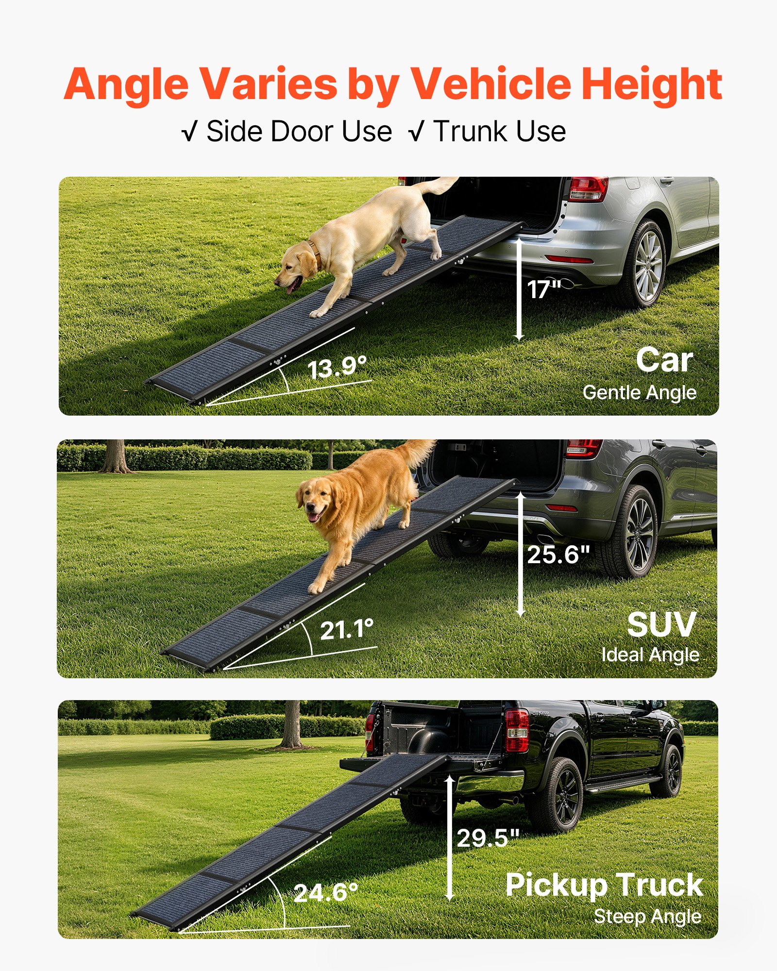 VEVOR Rampa Plegable para Perros para Coches, 180 x 43,2 cm, para Perros Medianos y Grandes de hasta 113 kg, con Superficie de Fieltro Antideslizante, Portátil para Exteriores, SUV y Camiones