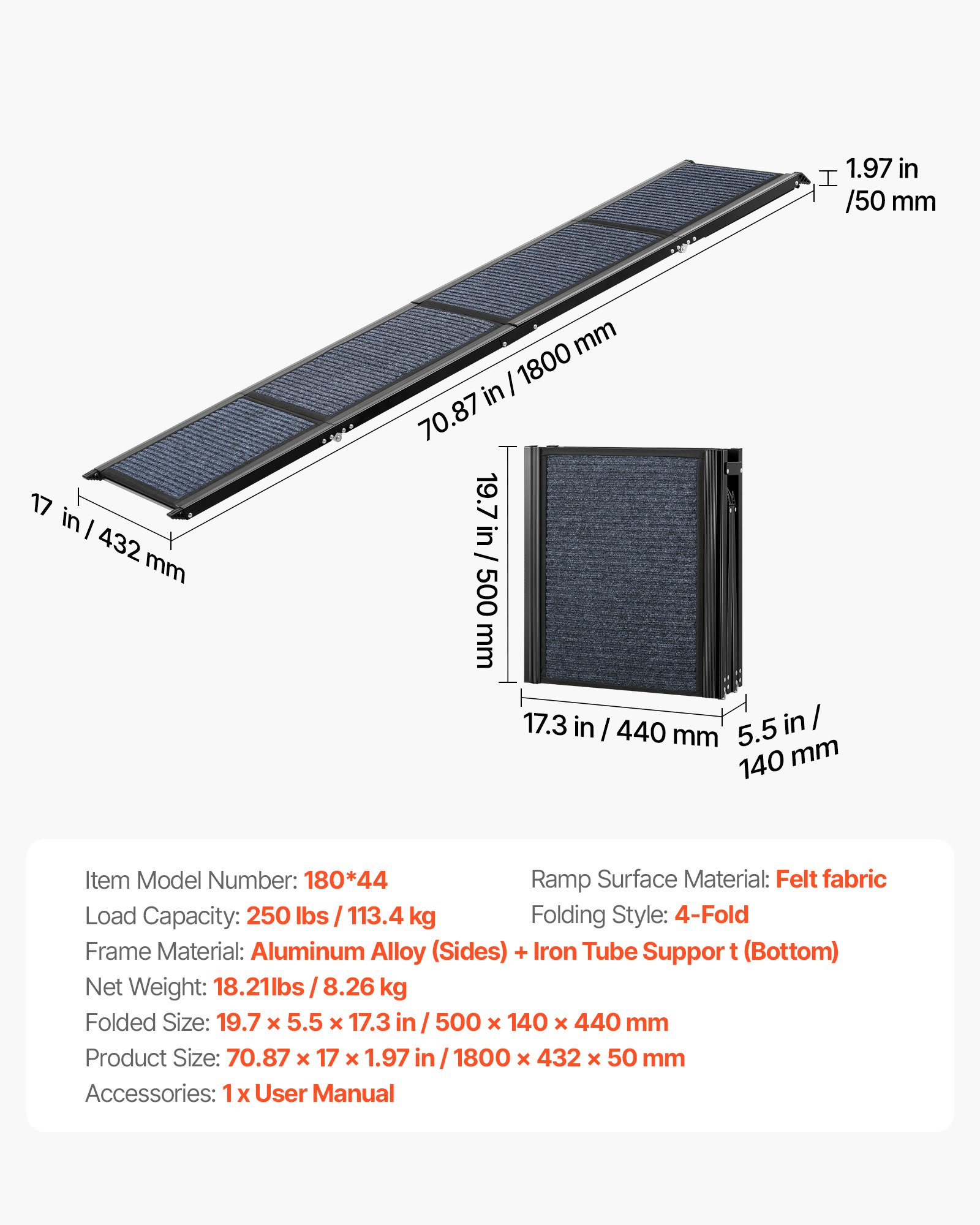 VEVOR Rampa Plegable para Perros para Coches, 180 x 43,2 cm, para Perros Medianos y Grandes de hasta 113 kg, con Superficie de Fieltro Antideslizante, Portátil para Exteriores, SUV y Camiones