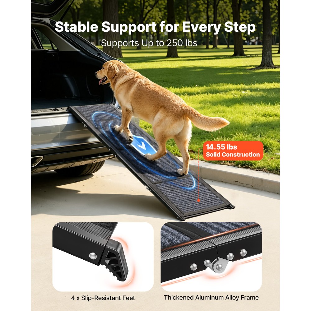 VEVOR Rampa para Perros para Coche, 160 x 43,2 cm, Plegable, para Perros Medianos y Grandes de hasta 113 kg, con Superficie de Fieltro Antideslizante, Portátil, para Exteriores, SUV y Camiones