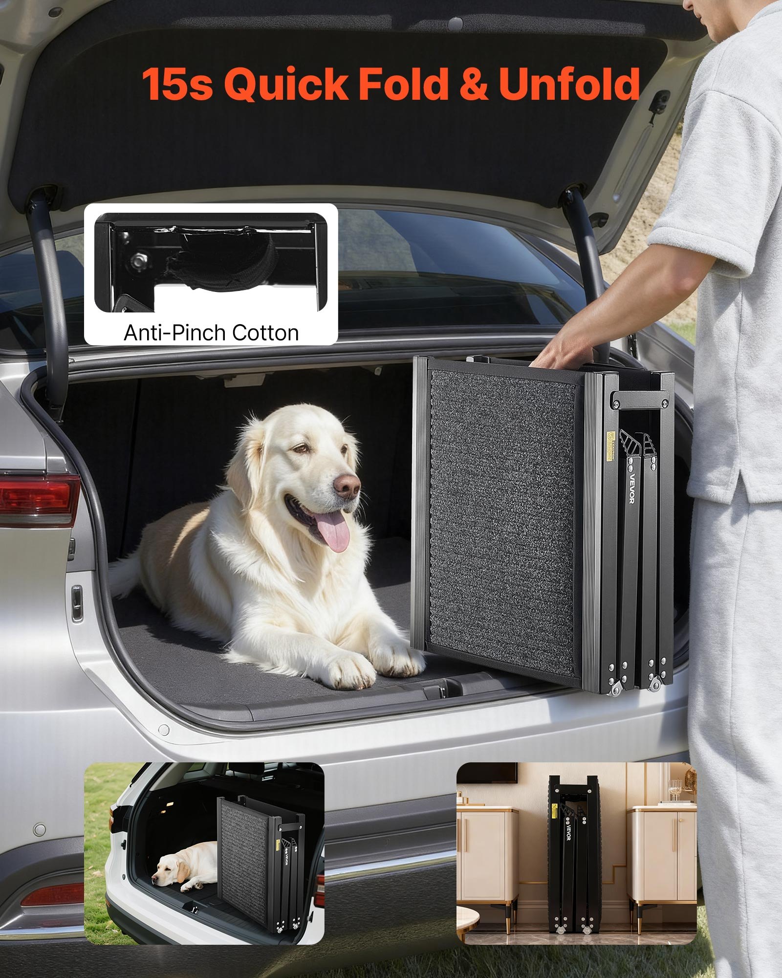 VEVOR Rampa para Perros para Coche, 160 x 43,2 cm, Plegable, para Perros Medianos y Grandes de hasta 113 kg, con Superficie de Fieltro Antideslizante, Portátil, para Exteriores, SUV y Camiones