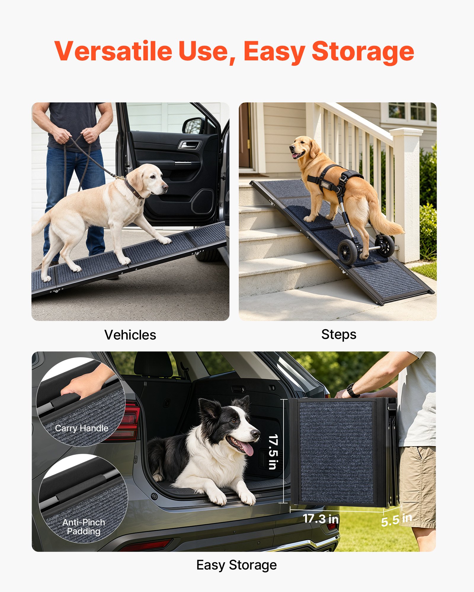 VEVOR Rampa para Perros para Coche, 160 x 43,2 cm, Plegable, para Perros Medianos y Grandes de hasta 113 kg, con Superficie de Fieltro Antideslizante, Portátil, para Exteriores, SUV y Camiones