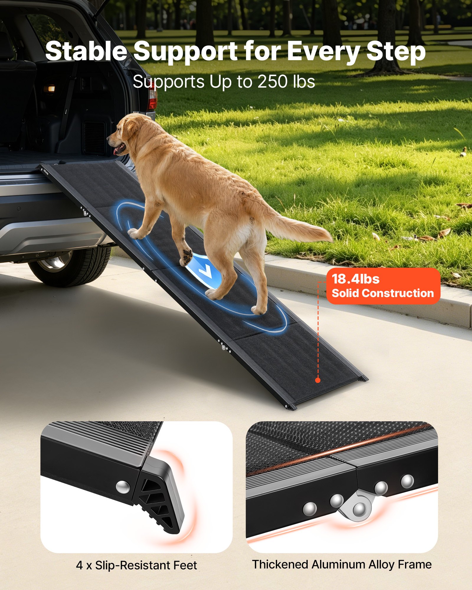 VEVOR Rampa para Perros, 180 x 50,8 cm, Plegable, para Perros Medianos y Grandes de hasta 113 kg, con Superficie de Tela Oxford Antideslizante, Portátil, para Exteriores, SUV y Camiones, Negro