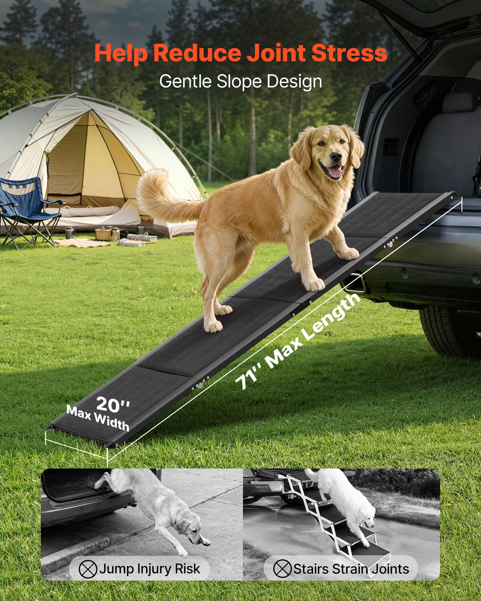 VEVOR Rampa para Perros, 180 x 50,8 cm, Plegable, para Perros Medianos y Grandes de hasta 113 kg, con Superficie de Tela Oxford Antideslizante, Portátil, para Exteriores, SUV y Camiones, Negro