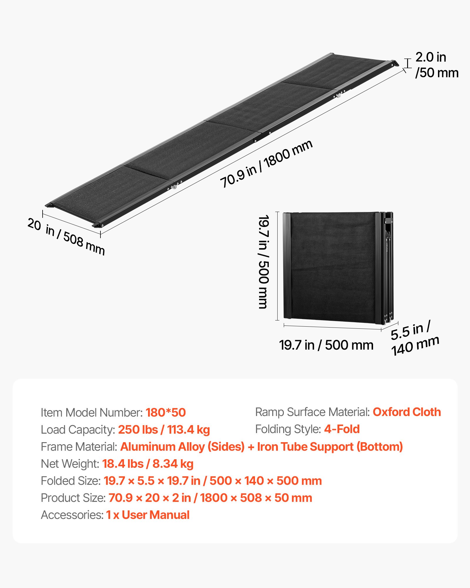 VEVOR Rampa para Perros, 180 x 50,8 cm, Plegable, para Perros Medianos y Grandes de hasta 113 kg, con Superficie de Tela Oxford Antideslizante, Portátil, para Exteriores, SUV y Camiones, Negro