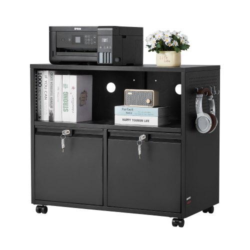VEVOR Gabinete de Archivos Metálico con 2 Cajones y 1 Espacio de Almacenamiento Archivador de Escritorio con Cerradura y Barra Ajustable para Colgar Apto para Tamaño Carta, A4, para Oficina, Negro