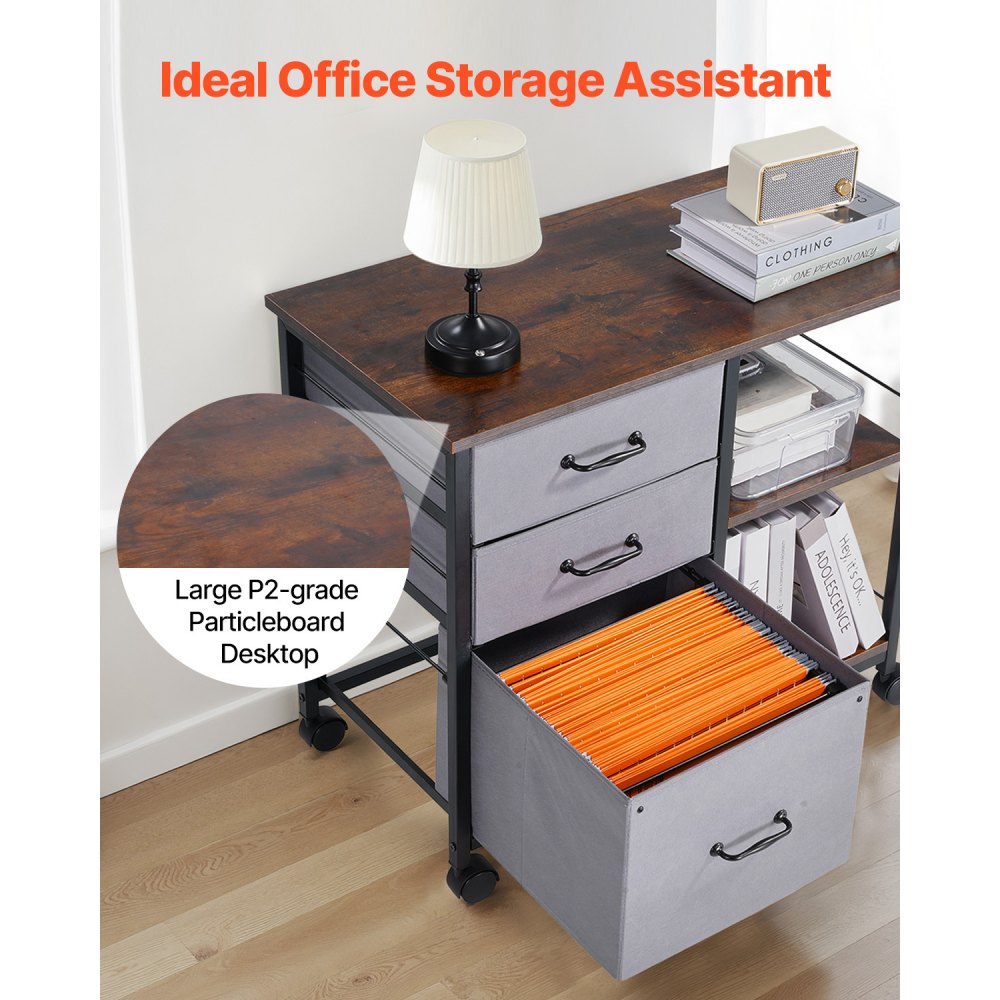 VEVOR Gabinete de Archivos de 3 Cajones de Tela y 2 Estantes Abiertos 75 x 40 x 68 cm Archivador Móvil con Ruedas Estructura Metálica para Documentos Tamaño Carta, A4 para Hogar, Oficina, Negro