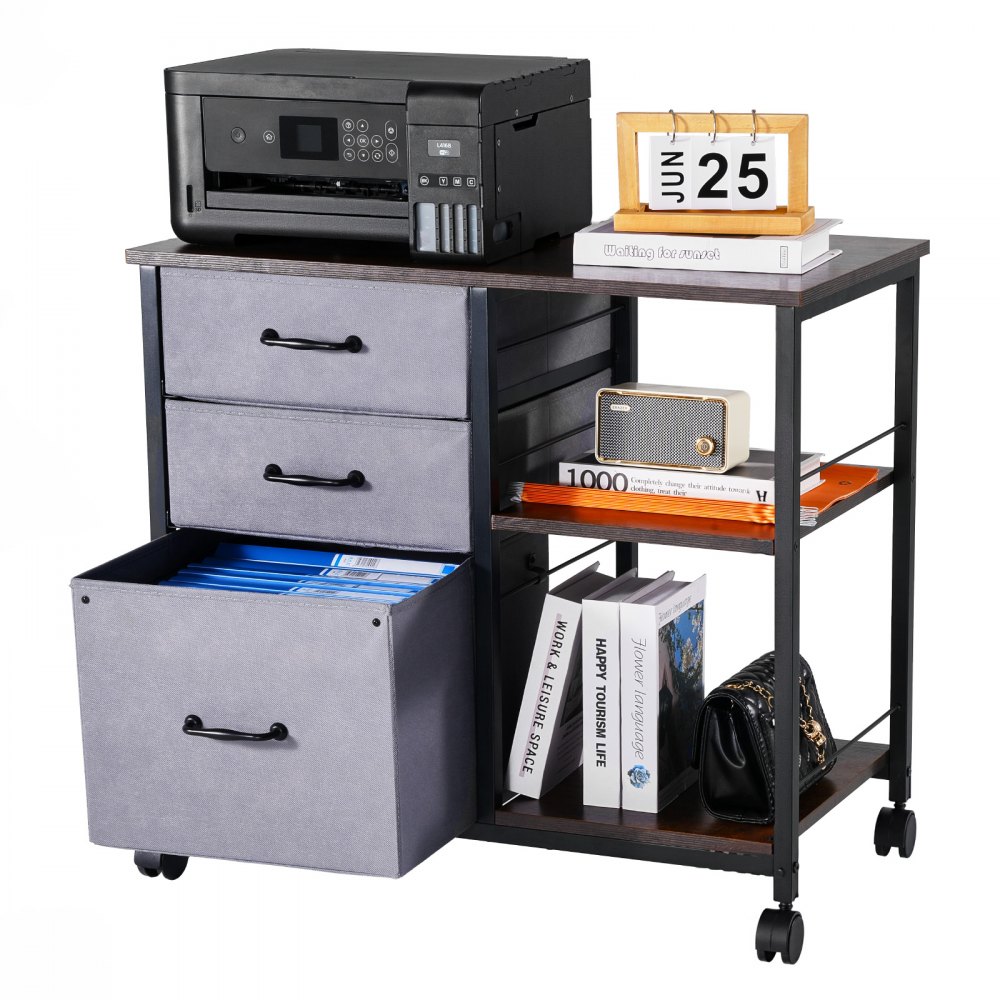 VEVOR Gabinete de Archivos de 3 Cajones de Tela y 2 Estantes Abiertos 75 x 40 x 68 cm Archivador Móvil con Ruedas Estructura Metálica para Documentos Tamaño Carta, A4 para Hogar, Oficina, Negro