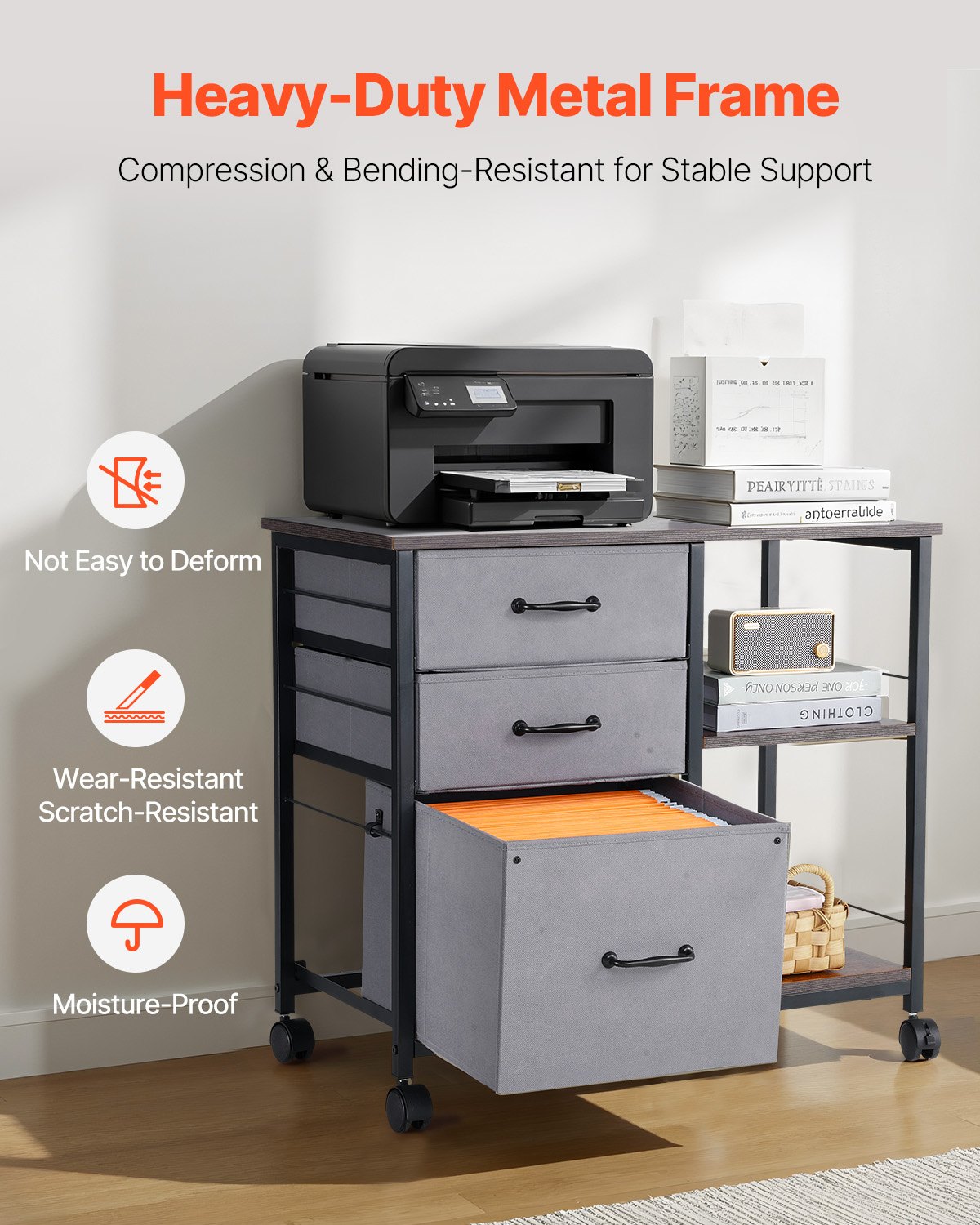 VEVOR Gabinete de Archivos de 3 Cajones de Tela y 2 Estantes Abiertos 75 x 40 x 68 cm Archivador Móvil con Ruedas Estructura Metálica para Documentos Tamaño Carta, A4 para Hogar, Oficina, Negro