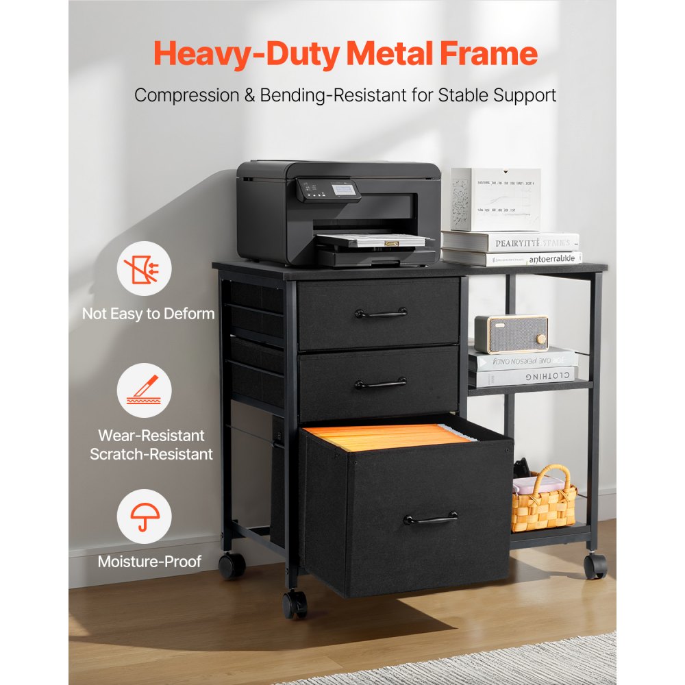 VEVOR Metal File Cabinet, Mobile Filing Cabinet with 3 Fabric Drawers and 2 Open Shelves, Wooden Vertical Filing Storage Cabinets with Wheels for Letter, A4, Legal Size File, Easy Assembly, Black