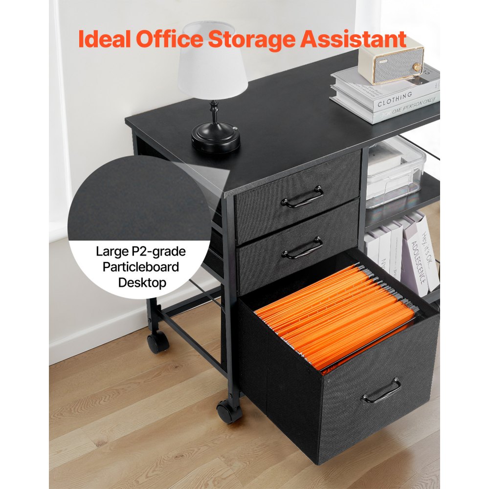 VEVOR Metal File Cabinet, Mobile Filing Cabinet with 3 Fabric Drawers and 2 Open Shelves, Wooden Vertical Filing Storage Cabinets with Wheels for Letter, A4, Legal Size File, Easy Assembly, Black