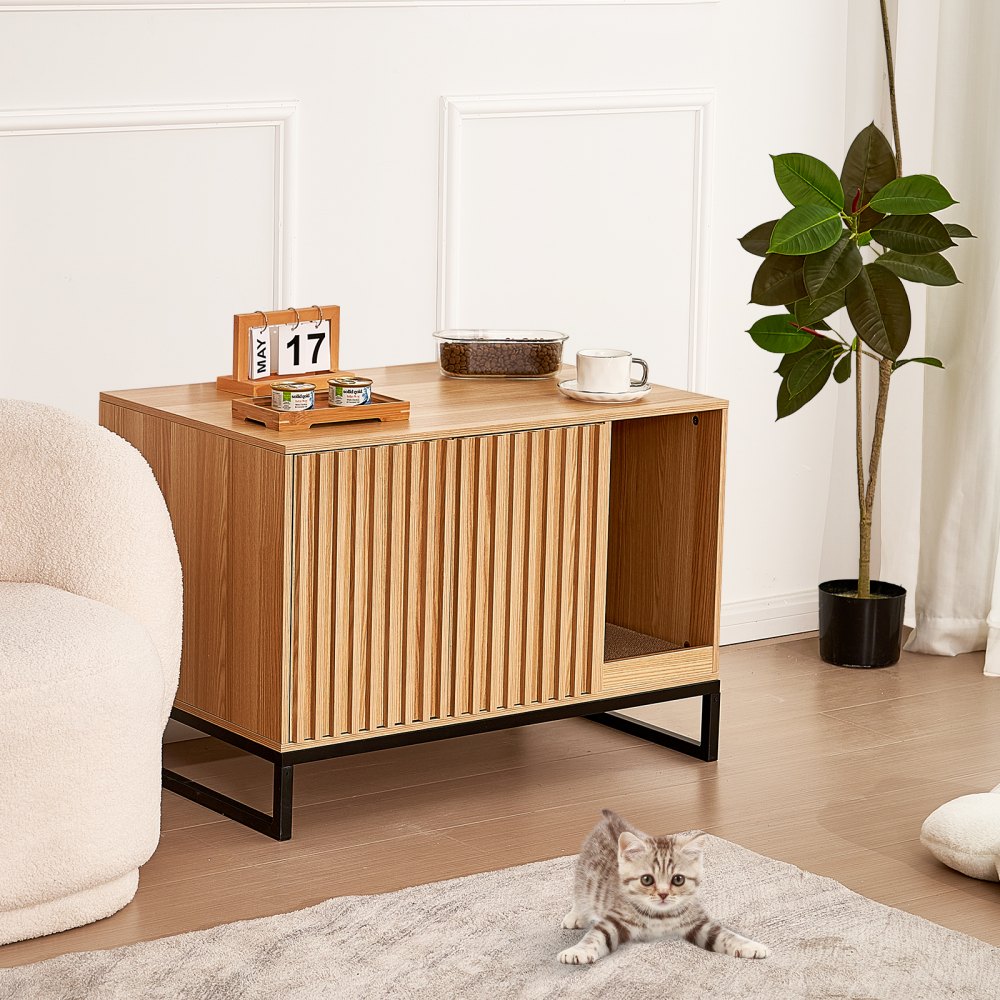 VEVOR Muebles de Baño Oculto para Gatos 80x50,8x56 cm Casa de Inodoro para Gatos 2 Puertas Patas de Metal Gabinete de Madera para Ocultar la Mayoría de las Cajas de Arena para Gatos, Color Natural