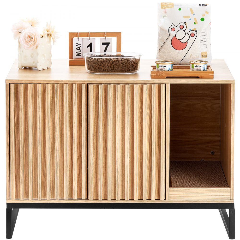 VEVOR Muebles de Baño Oculto para Gatos 80x50,8x56 cm Casa de Inodoro para Gatos 2 Puertas Patas de Metal Gabinete de Madera para Ocultar la Mayoría de las Cajas de Arena para Gatos, Color Natural