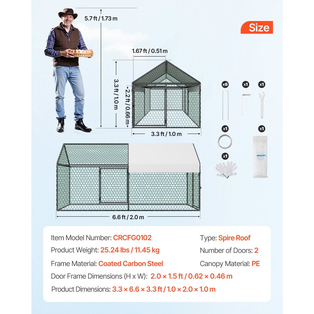 VEVOR Gallinero para Exterior, 1,0 x 2,0 x 1,0 m, Corral para Gallinas con Techo a Dos Aguas, con Cubierta Impermeable y 2 Puertas, Compatible con Ponedero de Madera, Gallinero Pequeño para 4-6 Pollos