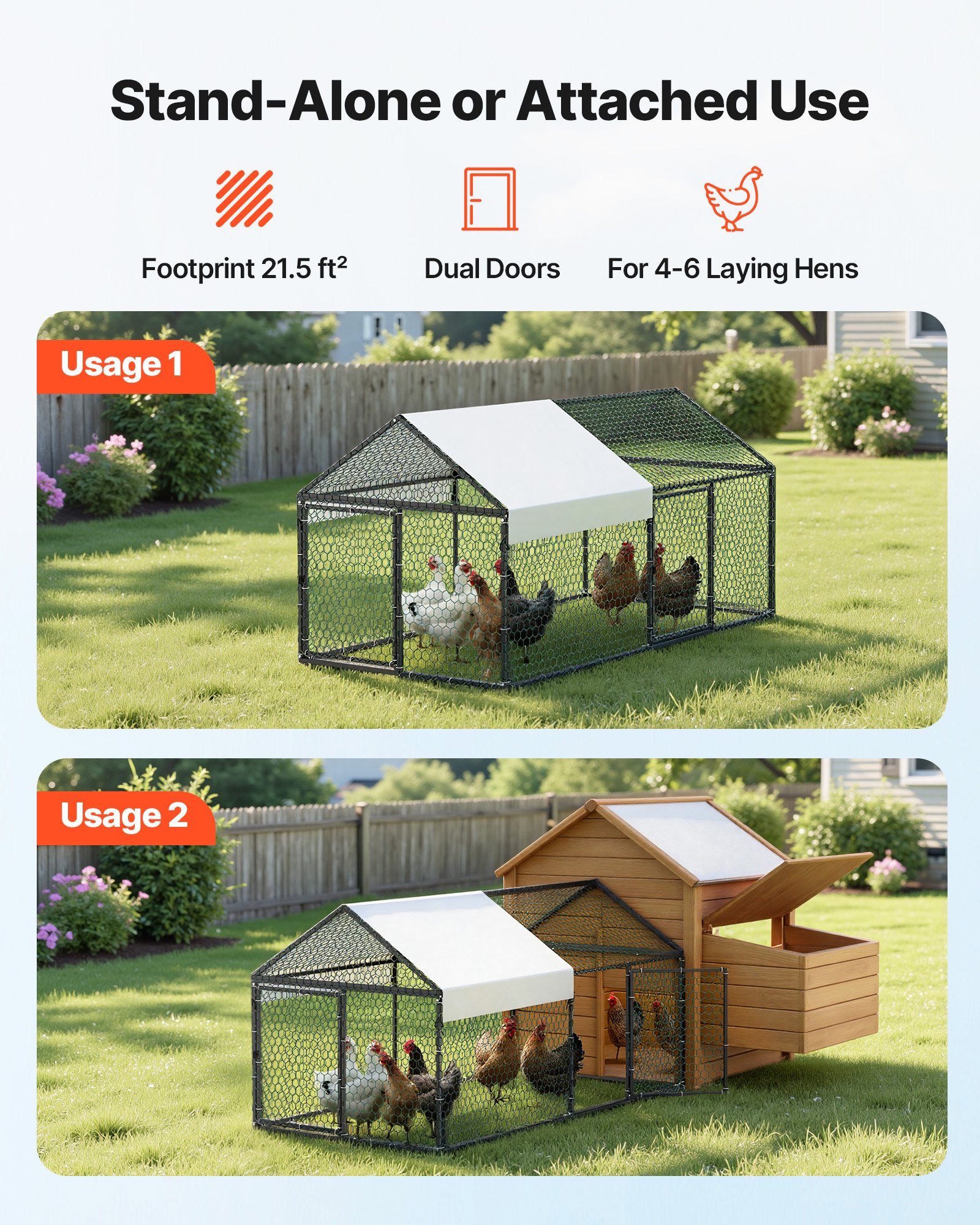 VEVOR Gallinero para Exterior, 1,0 x 2,0 x 1,0 m, Corral para Gallinas con Techo a Dos Aguas, con Cubierta Impermeable y 2 Puertas, Compatible con Ponedero de Madera, Gallinero Pequeño para 4-6 Pollos