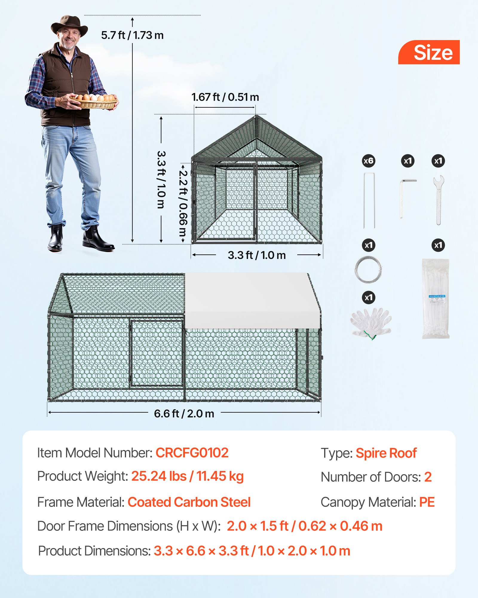 VEVOR Gallinero para Exterior, 1,0 x 2,0 x 1,0 m, Corral para Gallinas con Techo a Dos Aguas, con Cubierta Impermeable y 2 Puertas, Compatible con Ponedero de Madera, Gallinero Pequeño para 4-6 Pollos