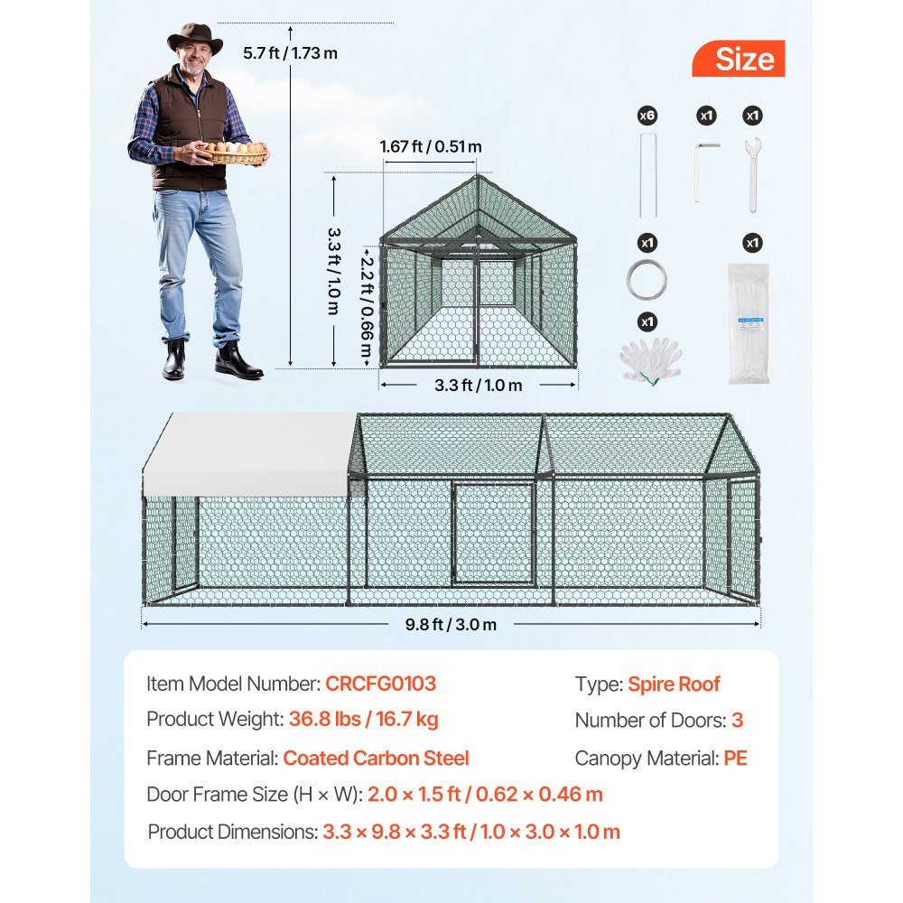 VEVOR Gallinero Metálico para 6-8 Gallinas 1 x 3 x 1 m, Recinto Gallinero con Cubierta Impermeable y 3 Puertas, Jaula para Aves de Corral con Techo a Dos Aguas, para Uso en Exteriores, Granjas