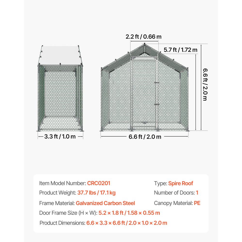 VEVOR Gallinero Metálico 2 x 1 x 2 m, Recinto Gallinero con Cubierta Impermeable y Estructura Resistente, Jaula para Aves de Corral con Techo a Dos Aguas, para Uso en Exteriores, Jardines, Granjas