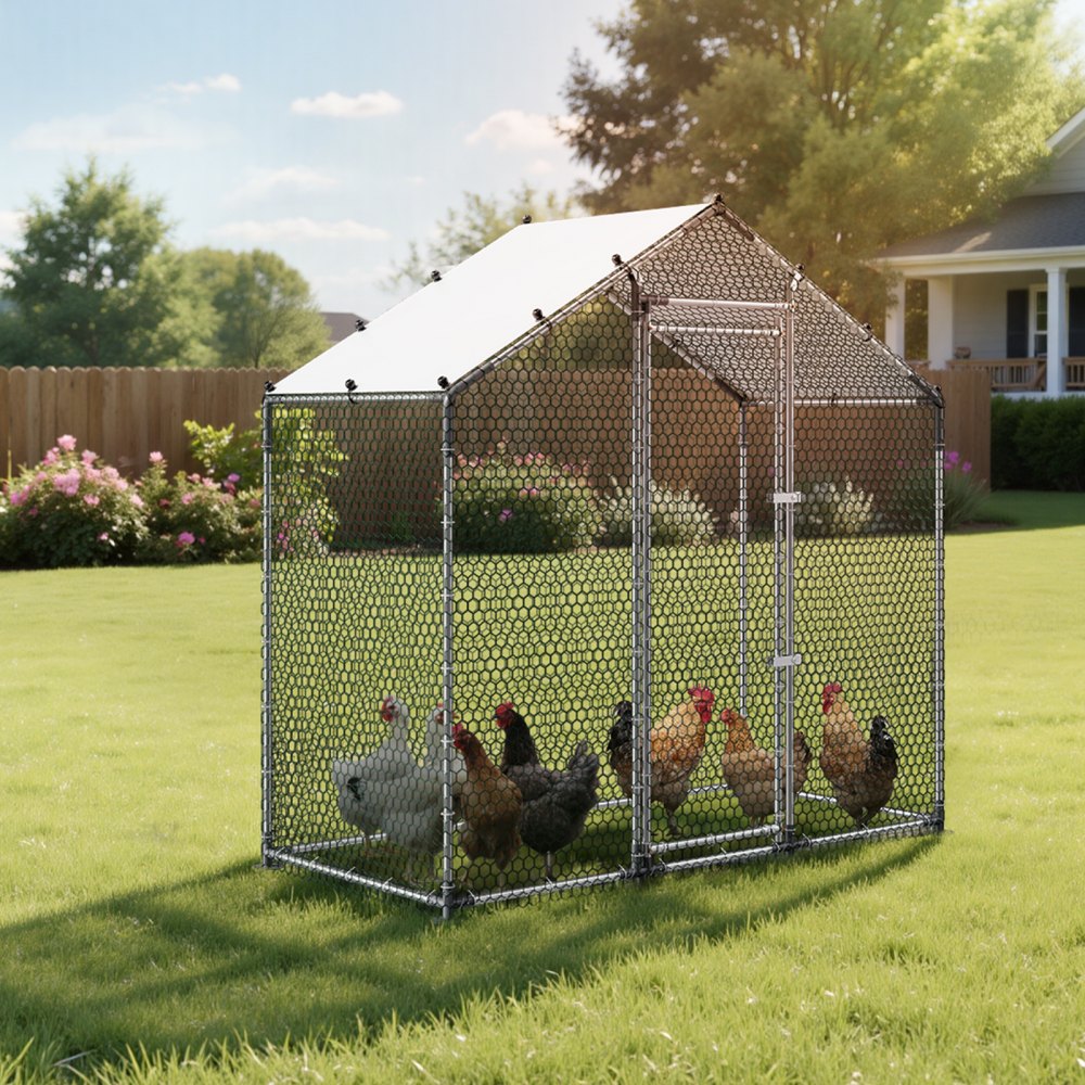 VEVOR Gallinero Metálico 2 x 1 x 2 m, Recinto Gallinero con Cubierta Impermeable y Estructura Resistente, Jaula para Aves de Corral con Techo a Dos Aguas, para Uso en Exteriores, Jardines, Granjas