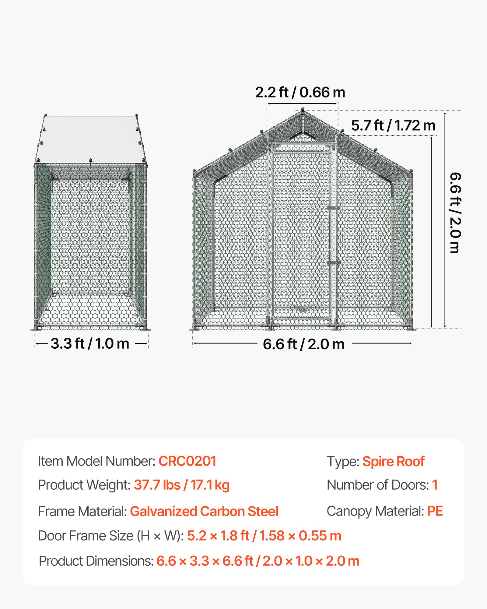 VEVOR Gallinero Metálico 2 x 1 x 2 m, Recinto Gallinero con Cubierta Impermeable y Estructura Resistente, Jaula para Aves de Corral con Techo a Dos Aguas, para Uso en Exteriores, Jardines, Granjas