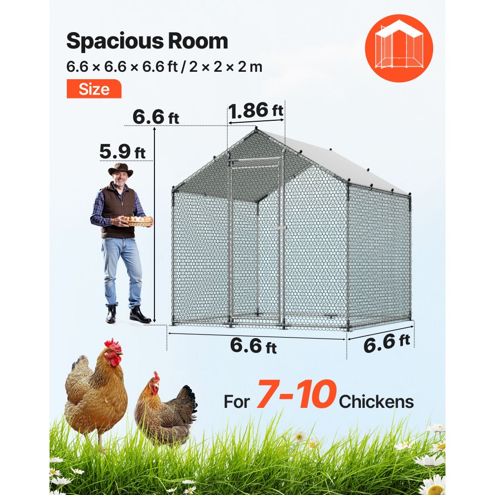 VEVOR Gallinero de Metal 2 x 2 x 2 m, Corral Grande para Gallinas con Cubierta, Cerramiento de Gallinero con Techo en Forma de Aguja con Cerradura de Seguridad para Patos, Conejos y Aves de Corral