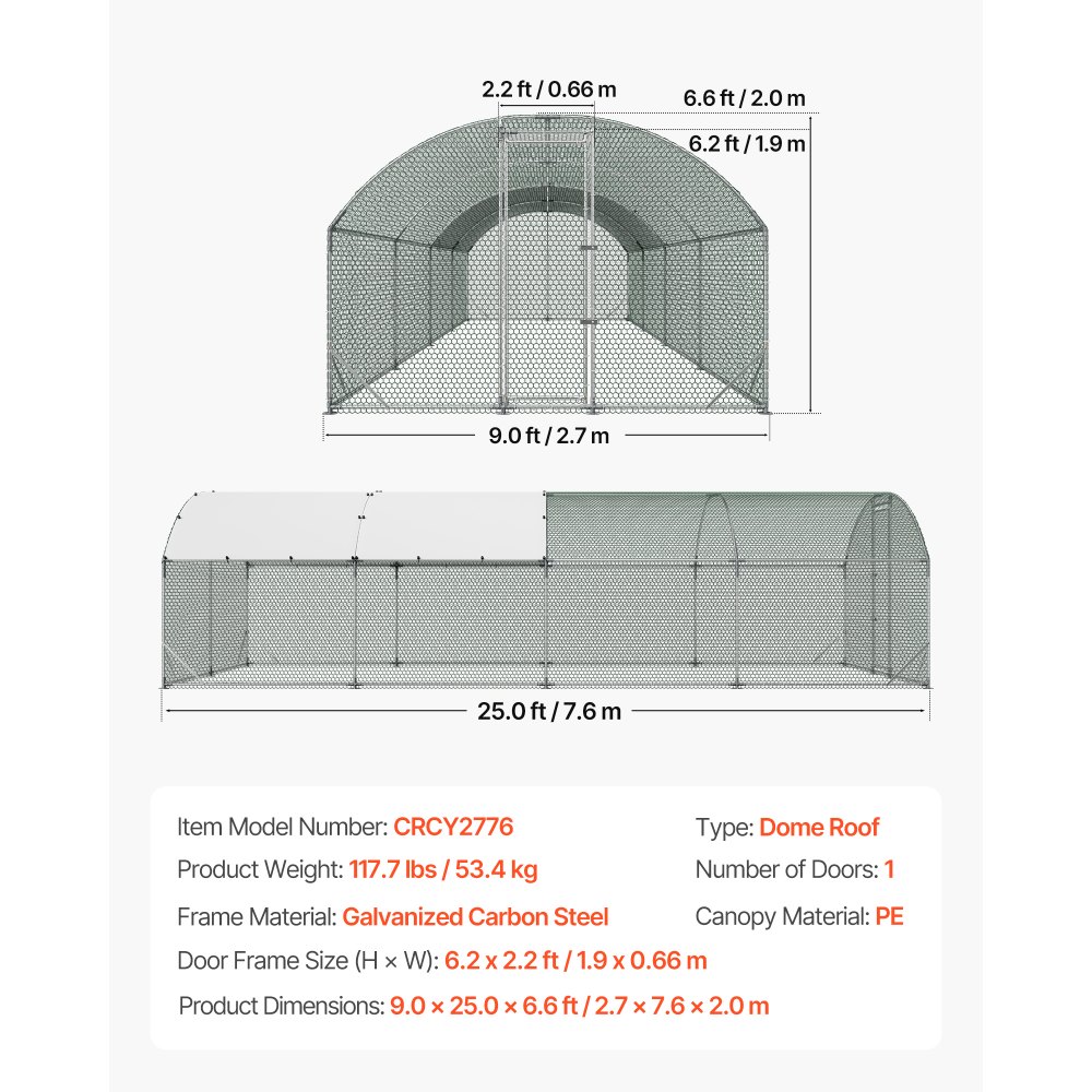 VEVOR Gallinero Metálico 2,7 x 7,6 x 2 m, Recinto Gallinero con Cubierta Impermeable y Estructura Resistente, Jaula para Aves de Corral con Techo Abovedado, para Uso en Exteriores, Jardines, Granjas