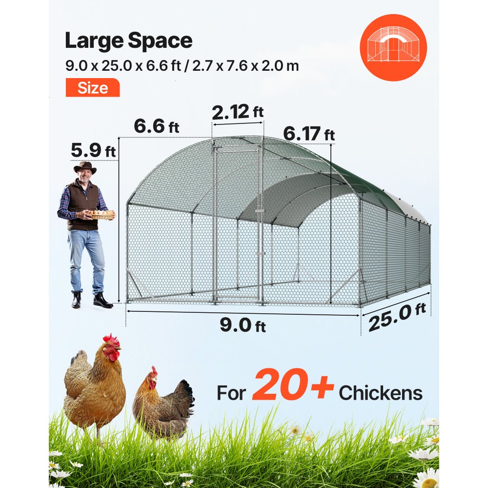 VEVOR Gallinero para Exterior 2,7 x 7,6 x 2 m, Corral para Gallinas con Techo Semicircular, Cubierta Impermeable, Marco de Acero Galvanizado, Jaula de Malla para Pollos Conejos Patos Gansos en Granja