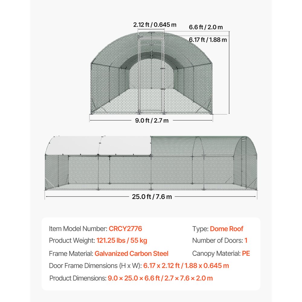 VEVOR Gallinero para Exterior 2,7 x 7,6 x 2 m, Corral para Gallinas con Techo Semicircular, Cubierta Impermeable, Marco de Acero Galvanizado, Jaula de Malla para Pollos Conejos Patos Gansos en Granja