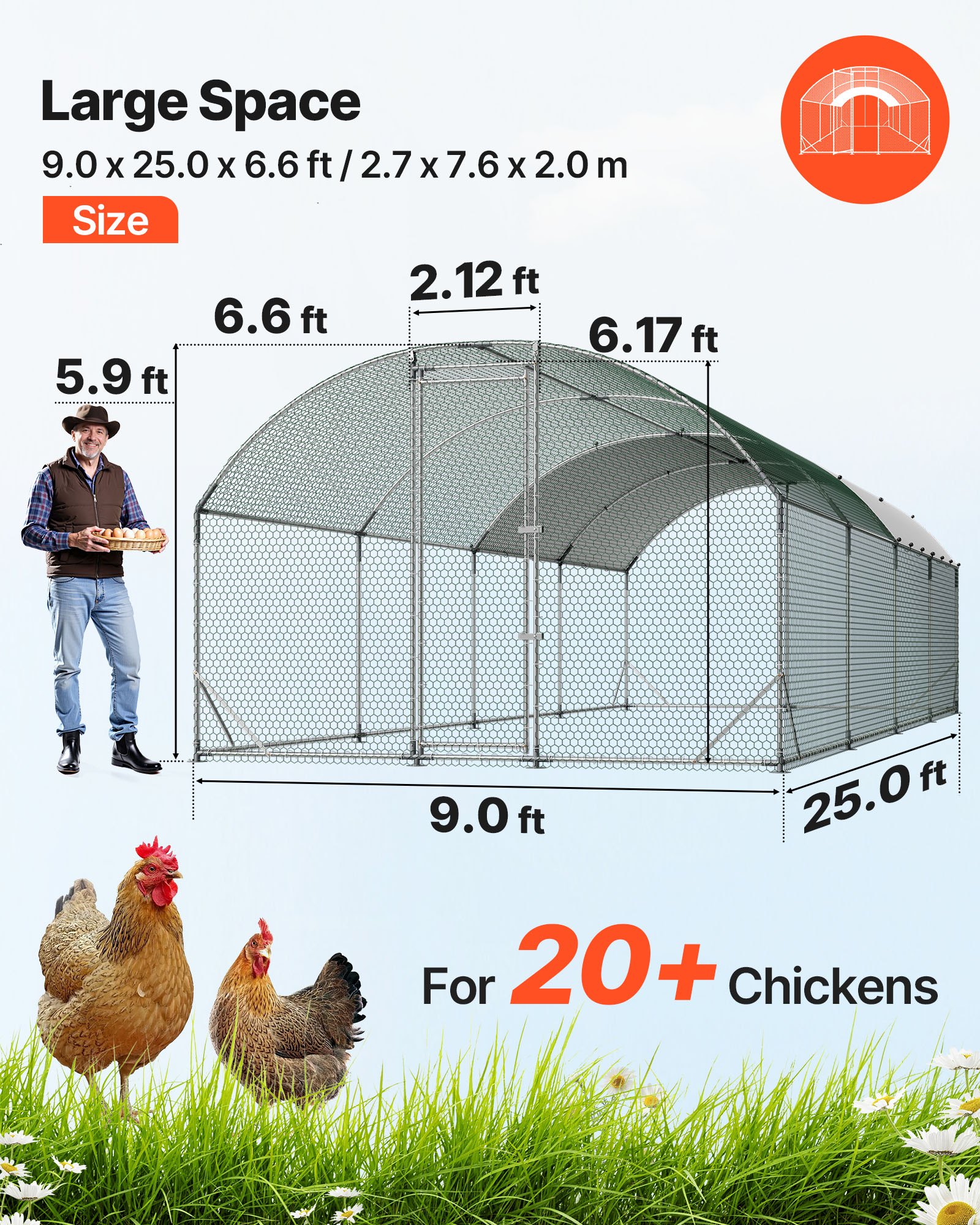 VEVOR Gallinero para Exterior 2,7 x 7,6 x 2 m, Corral para Gallinas con Techo Semicircular, Cubierta Impermeable, Marco de Acero Galvanizado, Jaula de Malla para Pollos Conejos Patos Gansos en Granja
