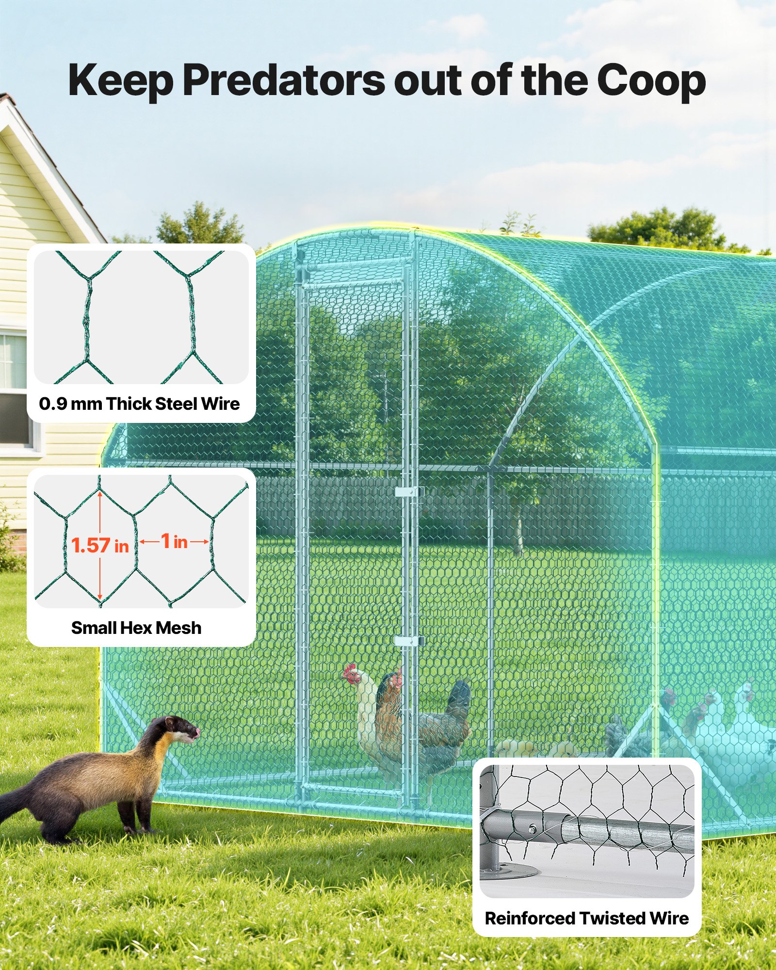 VEVOR Gallinero para Exterior 2,7 x 7,6 x 2 m, Corral para Gallinas con Techo Semicircular, Cubierta Impermeable, Marco de Acero Galvanizado, Jaula de Malla para Pollos Conejos Patos Gansos en Granja