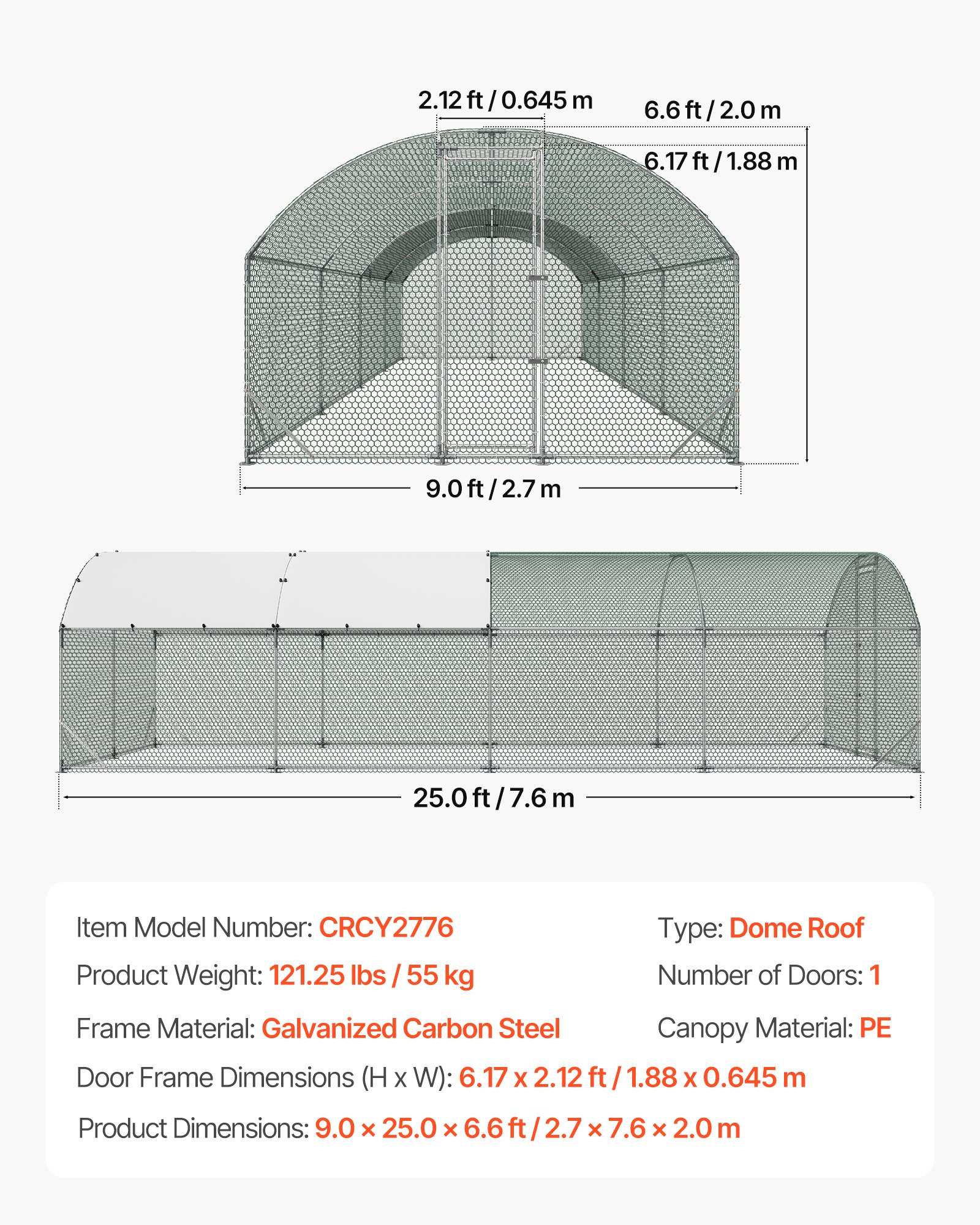 VEVOR Gallinero para Exterior 2,7 x 7,6 x 2 m, Corral para Gallinas con Techo Semicircular, Cubierta Impermeable, Marco de Acero Galvanizado, Jaula de Malla para Pollos Conejos Patos Gansos en Granja