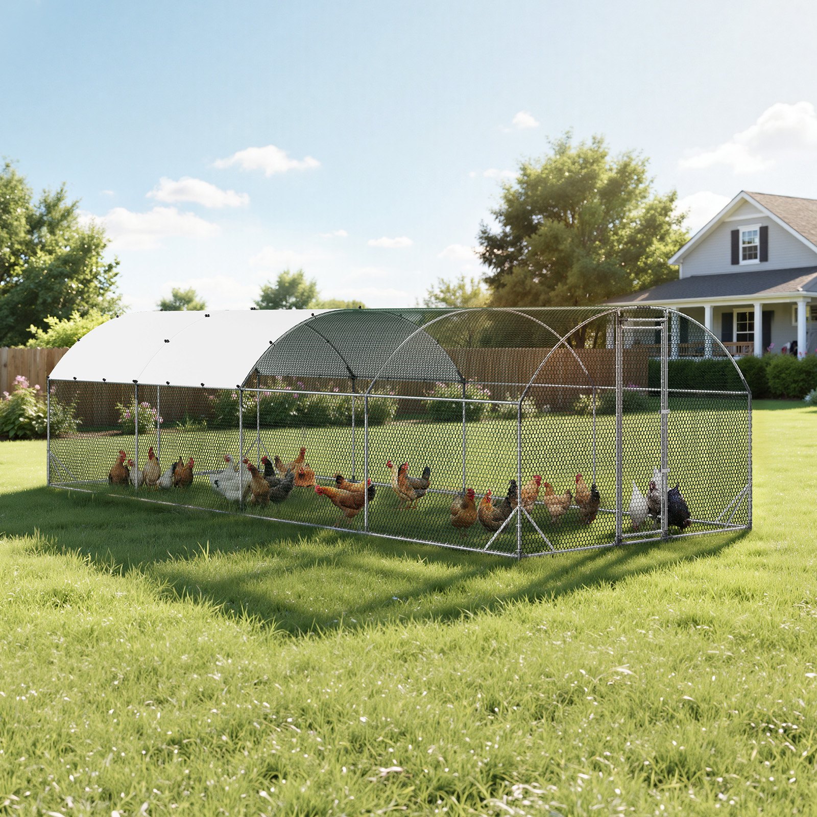 VEVOR Gallinero para Exterior 2,7 x 7,6 x 2 m, Corral para Gallinas con Techo Semicircular, Cubierta Impermeable, Marco de Acero Galvanizado, Jaula de Malla para Pollos Conejos Patos Gansos en Granja