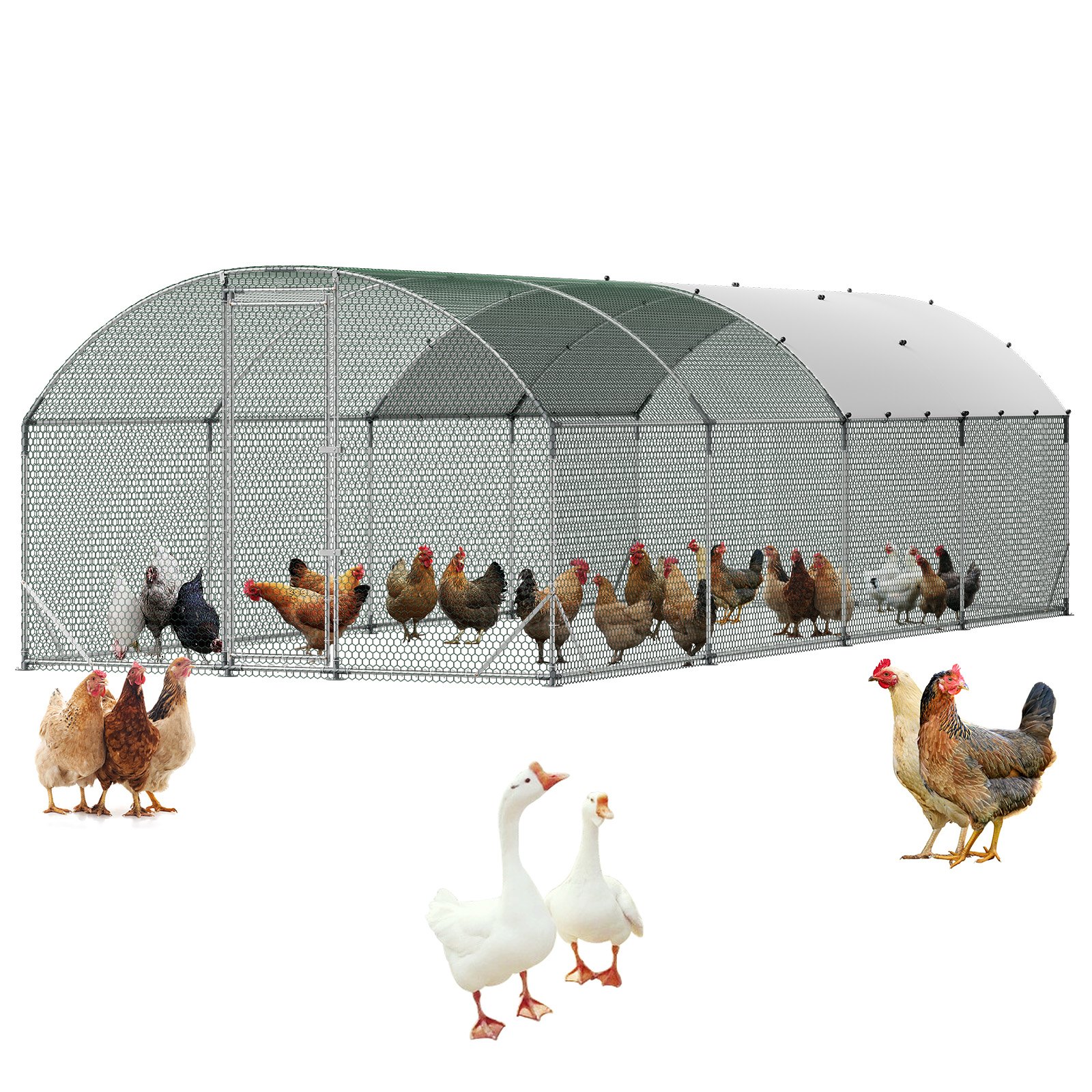 VEVOR Gallinero para Exterior 2,7 x 7,6 x 2 m, Corral para Gallinas con Techo Semicircular, Cubierta Impermeable, Marco de Acero Galvanizado, Jaula de Malla para Pollos Conejos Patos Gansos en Granja