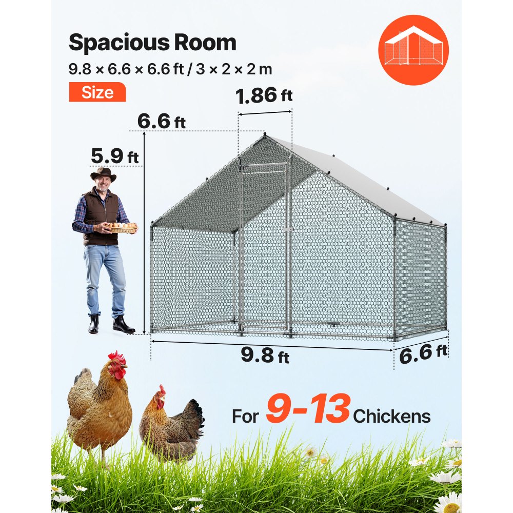 VEVOR Gallinero de Metal 3 x 2 x 2 m, Corral Grande para Gallinas con Cubierta, Cerramiento de Gallinero con Techo en Forma de Aguja con Cerradura de Seguridad para Patos, Conejos y Aves de Corral