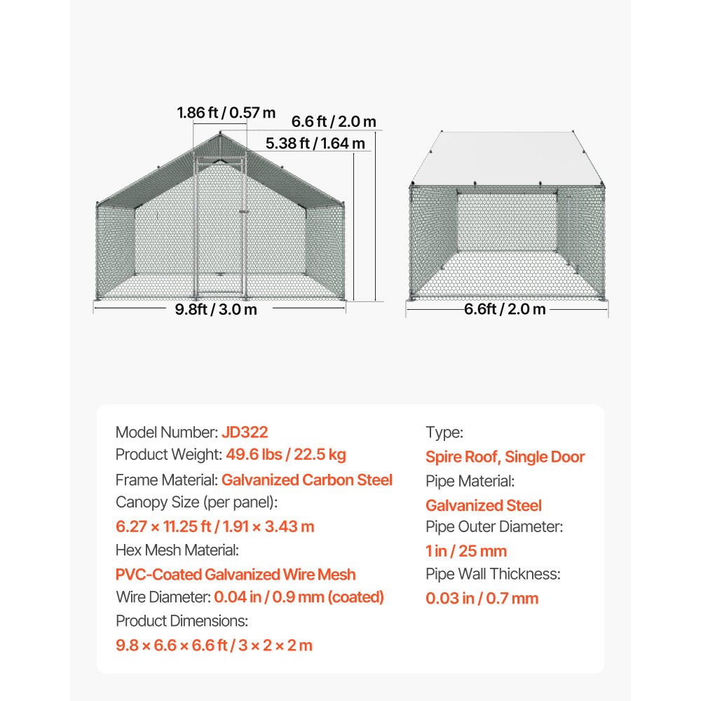 VEVOR Gallinero de Metal 3 x 2 x 2 m, Corral Grande para Gallinas con Cubierta, Cerramiento de Gallinero con Techo en Forma de Aguja con Cerradura de Seguridad para Patos, Conejos y Aves de Corral