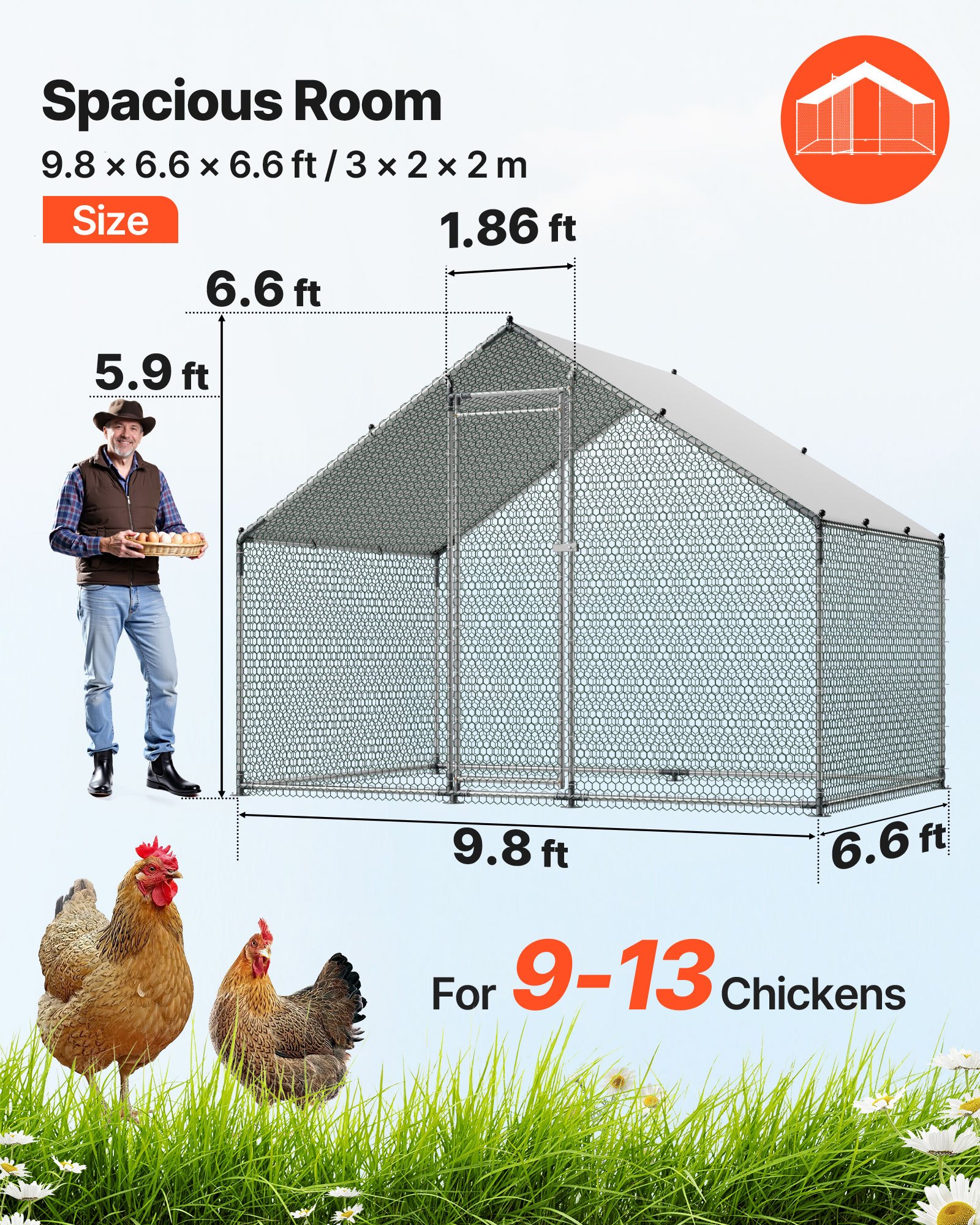 VEVOR Gallinero de Metal 3 x 2 x 2 m, Corral Grande para Gallinas con Cubierta, Cerramiento de Gallinero con Techo en Forma de Aguja con Cerradura de Seguridad para Patos, Conejos y Aves de Corral