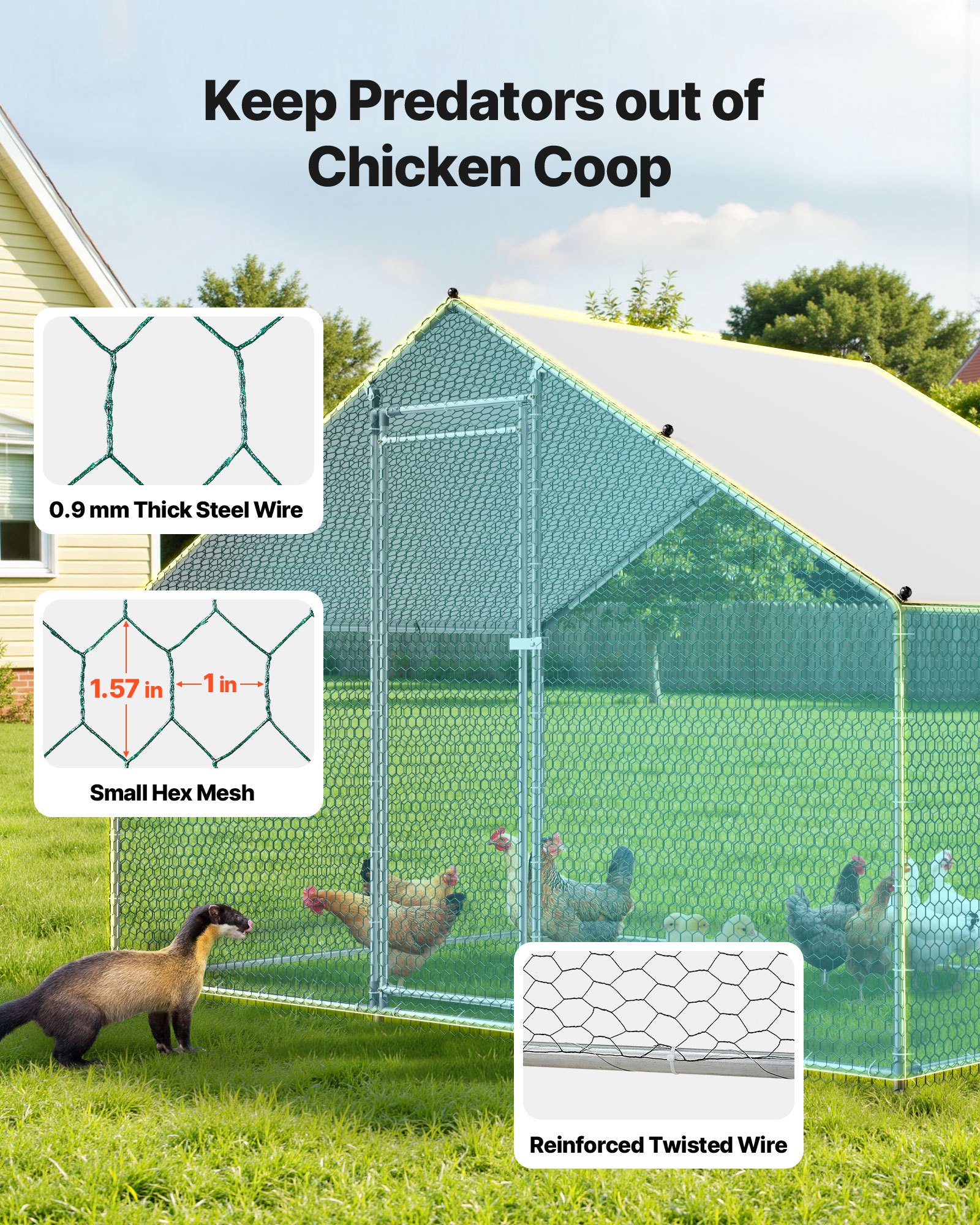 VEVOR Gallinero de Metal 3 x 2 x 2 m, Corral Grande para Gallinas con Cubierta, Cerramiento de Gallinero con Techo en Forma de Aguja con Cerradura de Seguridad para Patos, Conejos y Aves de Corral