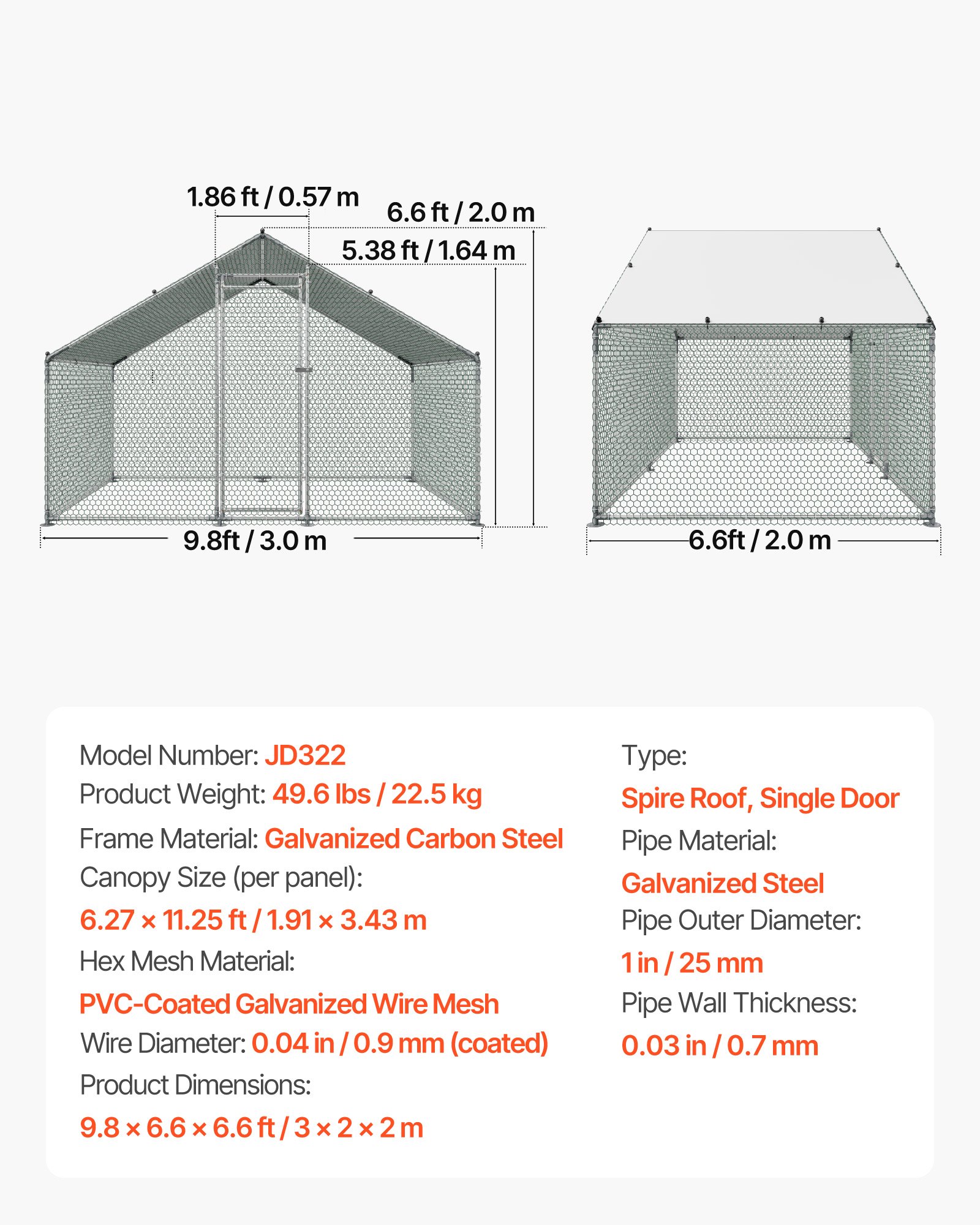 VEVOR Gallinero de Metal 3 x 2 x 2 m, Corral Grande para Gallinas con Cubierta, Cerramiento de Gallinero con Techo en Forma de Aguja con Cerradura de Seguridad para Patos, Conejos y Aves de Corral
