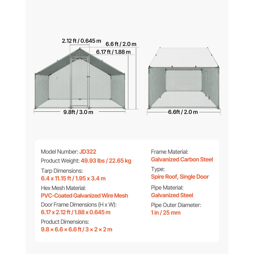 VEVOR Gallinero para Exterior de 3 x 2 x 2 m, Corral para Gallinas con Techo a Dos Aguas y Puerta, Tubos de Acero Galvanizado, Cubierta Impermeable, Jaula de Malla para Pollos Conejos en Campo Granja