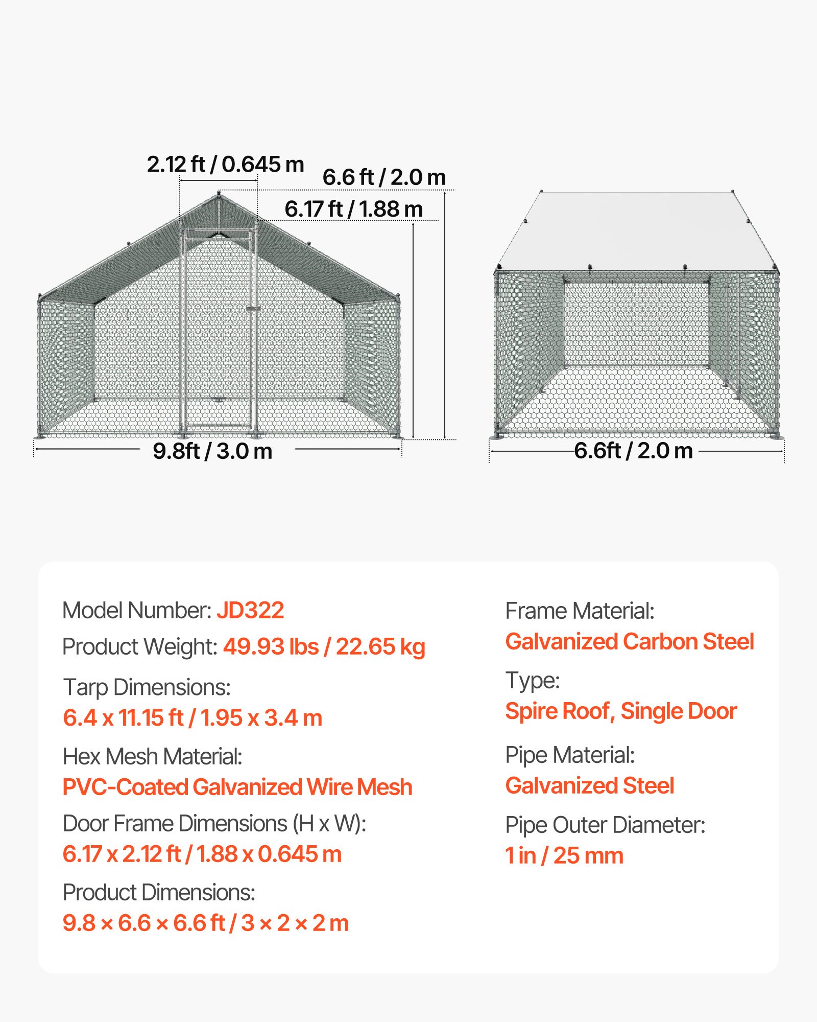 VEVOR Gallinero para Exterior de 3 x 2 x 2 m, Corral para Gallinas con Techo a Dos Aguas y Puerta, Tubos de Acero Galvanizado, Cubierta Impermeable, Jaula de Malla para Pollos Conejos en Campo Granja