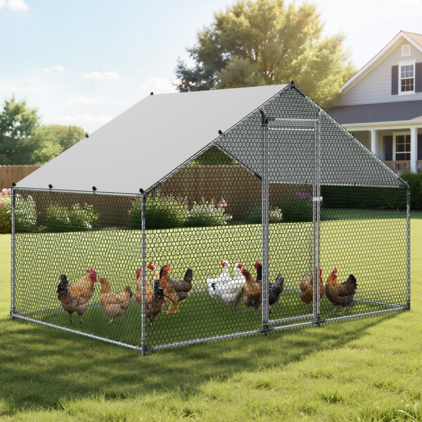 VEVOR Gallinero para Exterior de 3 x 2 x 2 m, Corral para Gallinas con Techo a Dos Aguas y Puerta, Tubos de Acero Galvanizado, Cubierta Impermeable, Jaula de Malla para Pollos Conejos en Campo Granja