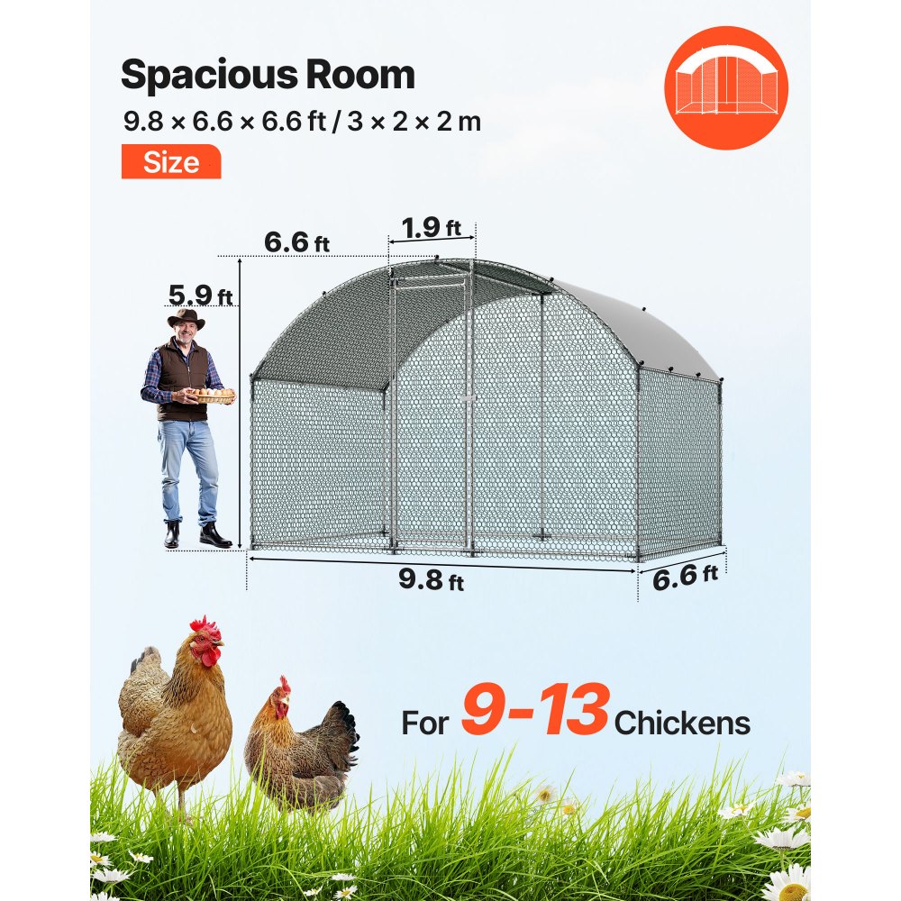 VEVOR Gallinero de Metal 3 x 2 x 2 m, Corral Grande para Gallinas con Cubierta, Cerramiento de Gallinero con Techo Abuhardillado y Cerradura de Seguridad para Patos, Conejos y Aves de Corral